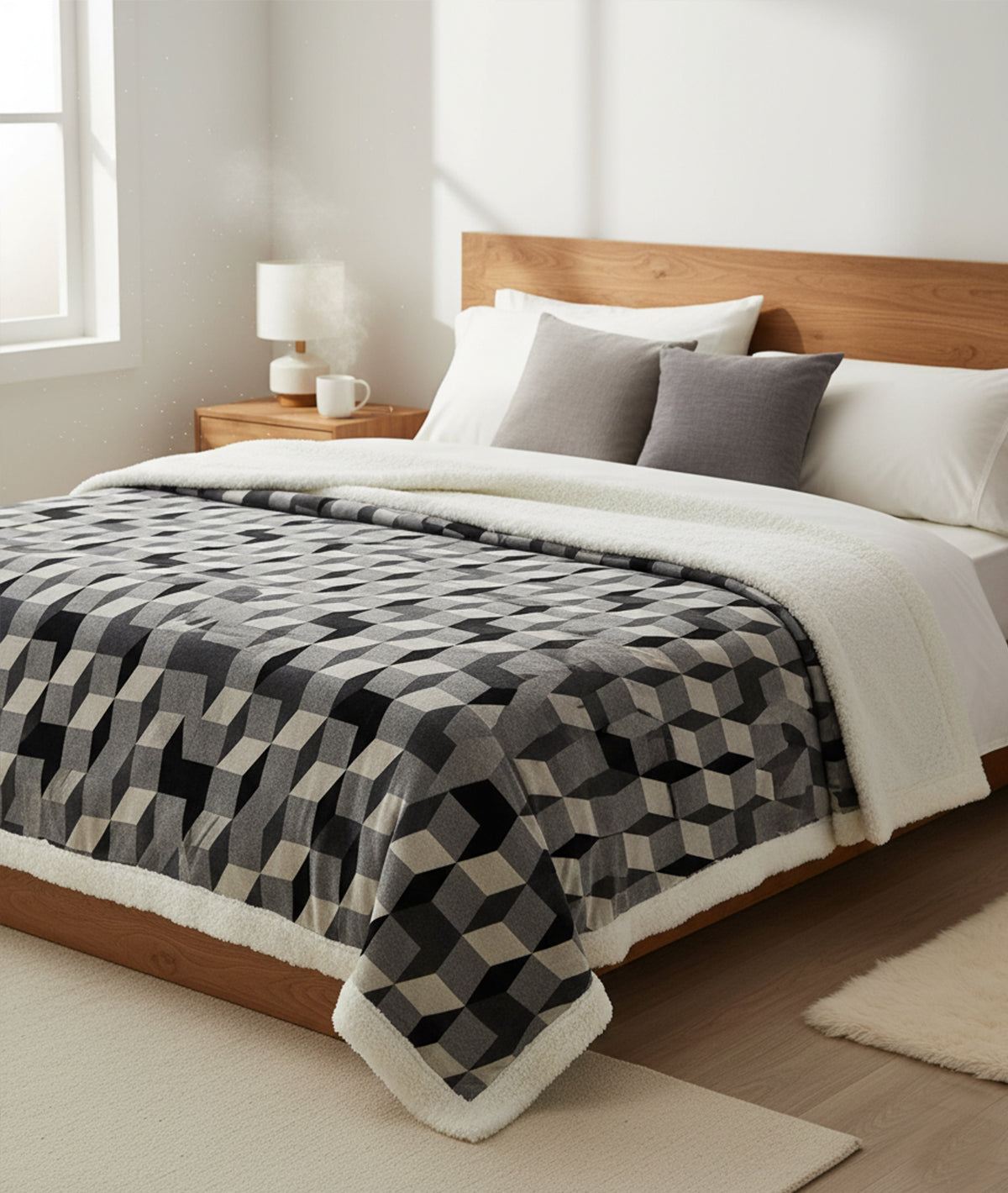 3D Block Double Bed Front Cotton Knitted with Sherpa Back Blanket with Ivory ,Dark Grey, Light. Grey & Black