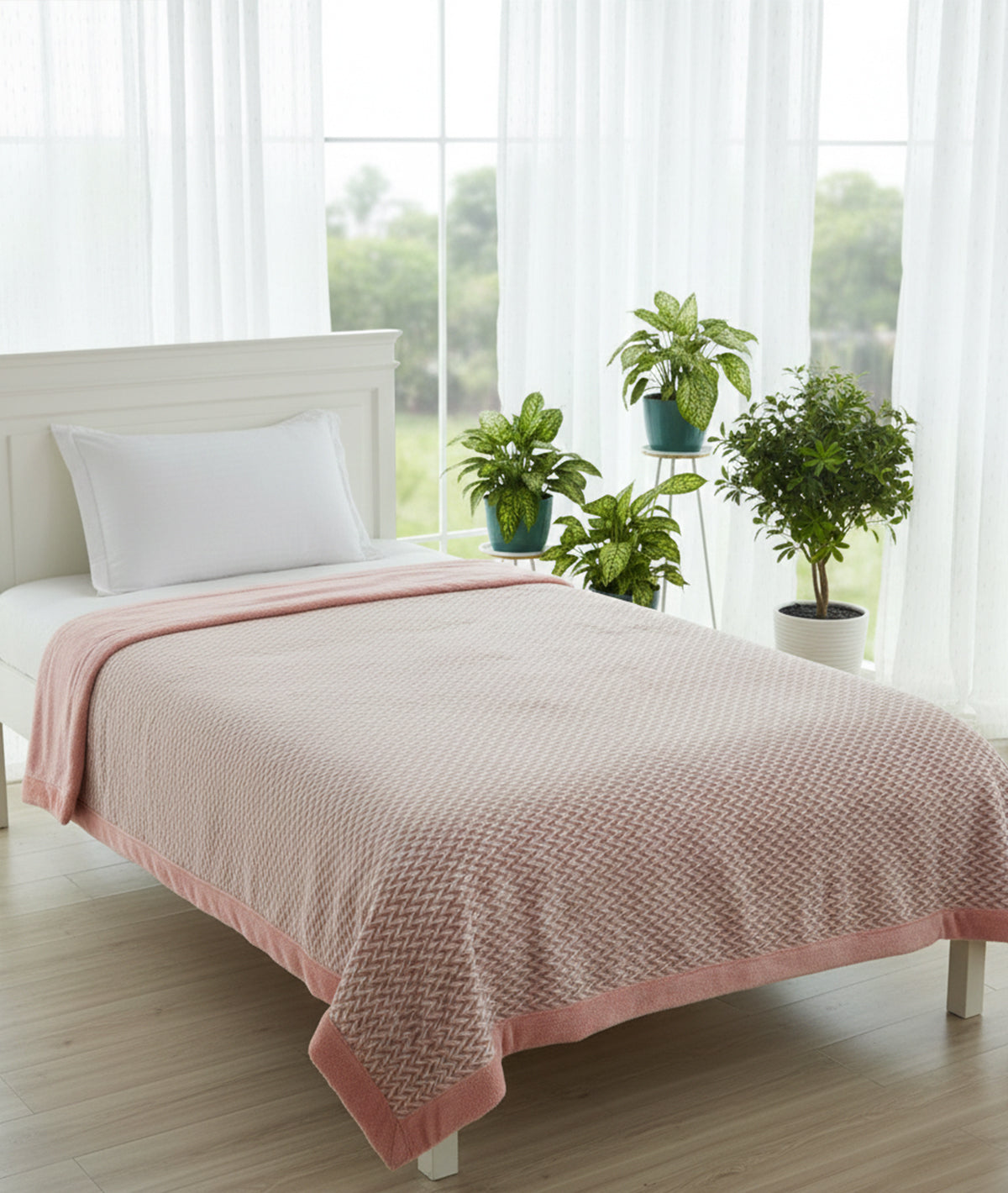 Eleanor- Pink & Natural Single Bed Cotton Knitted Blanket with Fur Back