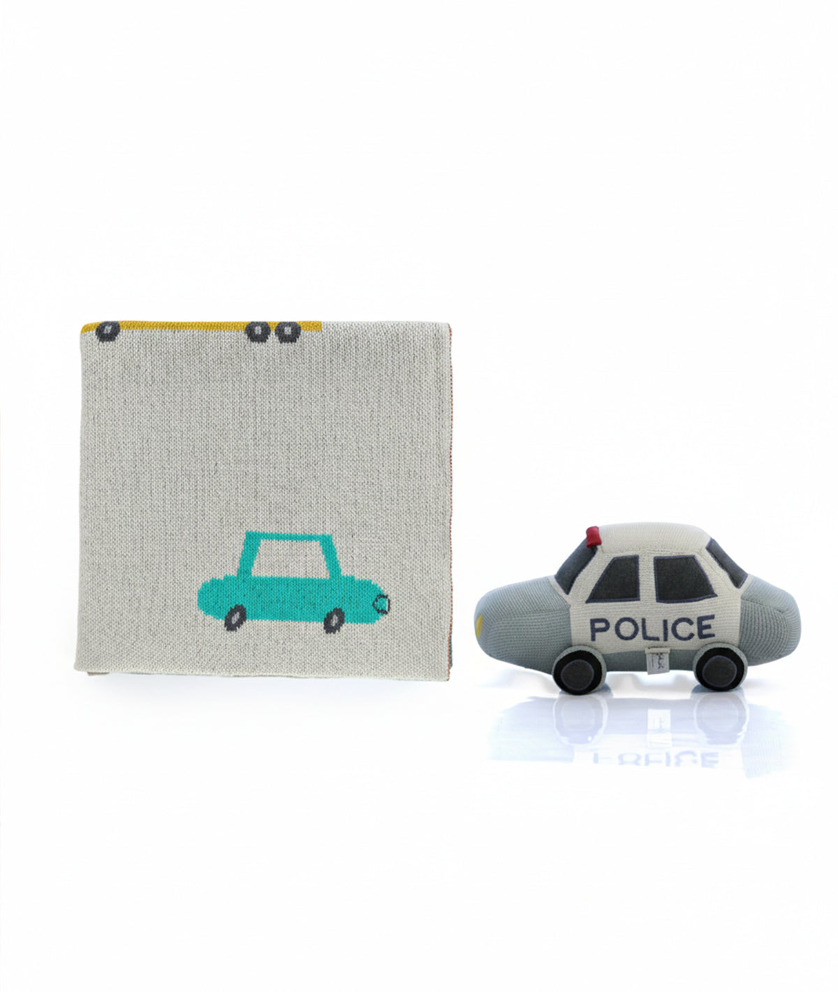 Cute Police Car Cotton Knitted Stuffed Soft Toy with Blanket Combo Set (2 pcs)