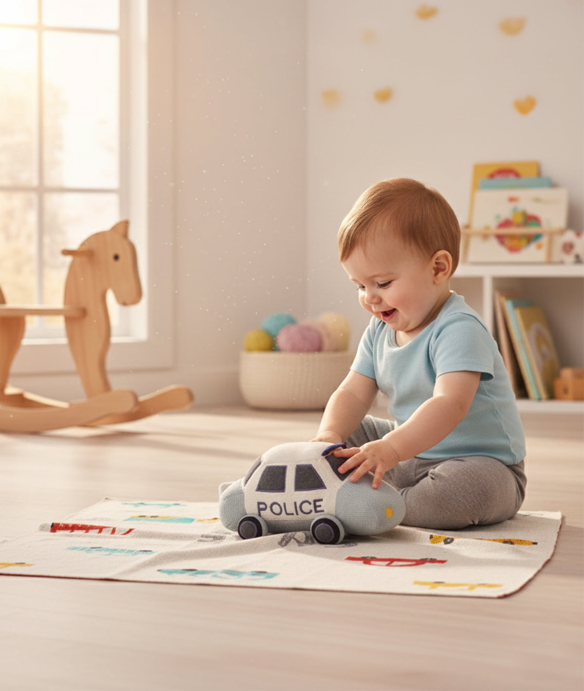 Cute Police Car Cotton Knitted Stuffed Soft Toy with Blanket Combo Set (2 pcs)