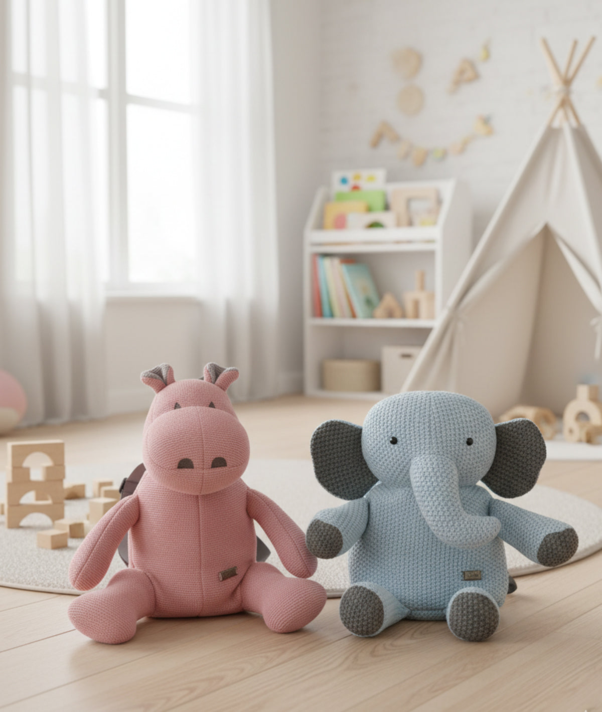 Hippo Elephant Cotton Knitted Kids Bag Combo Set (2 pcs)