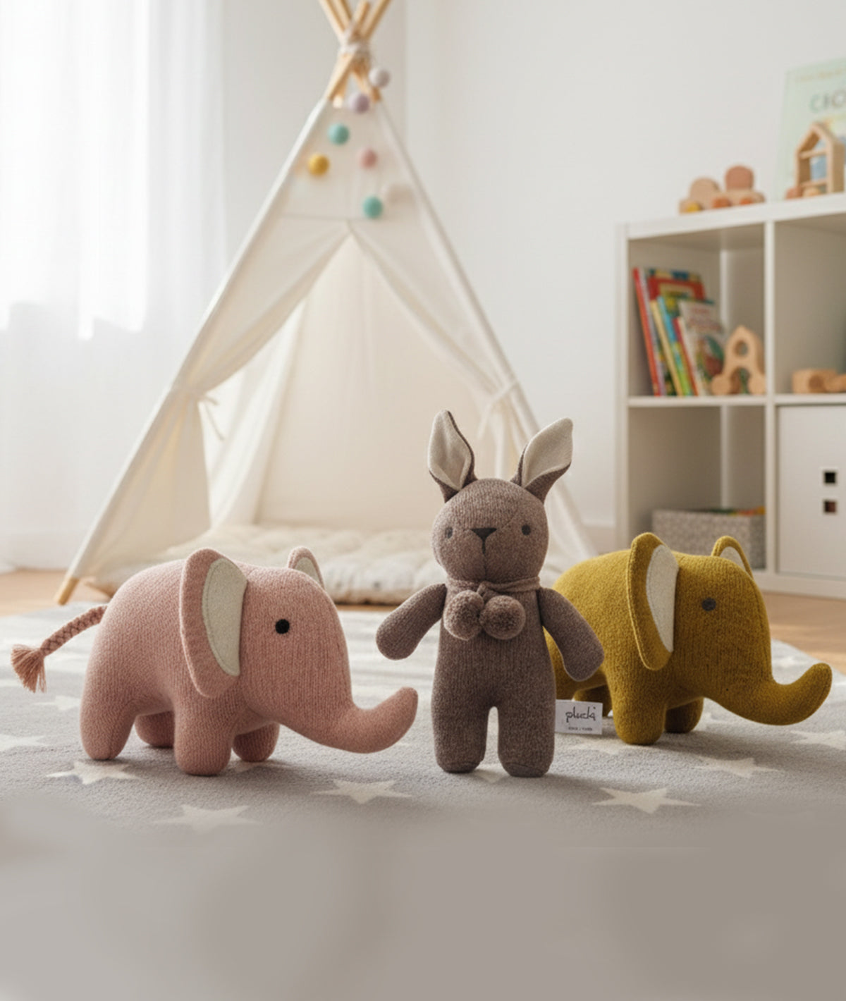 Bear With Elephant Cotton Knitted Stuffed Soft Toys Combo Set (3 pcs)