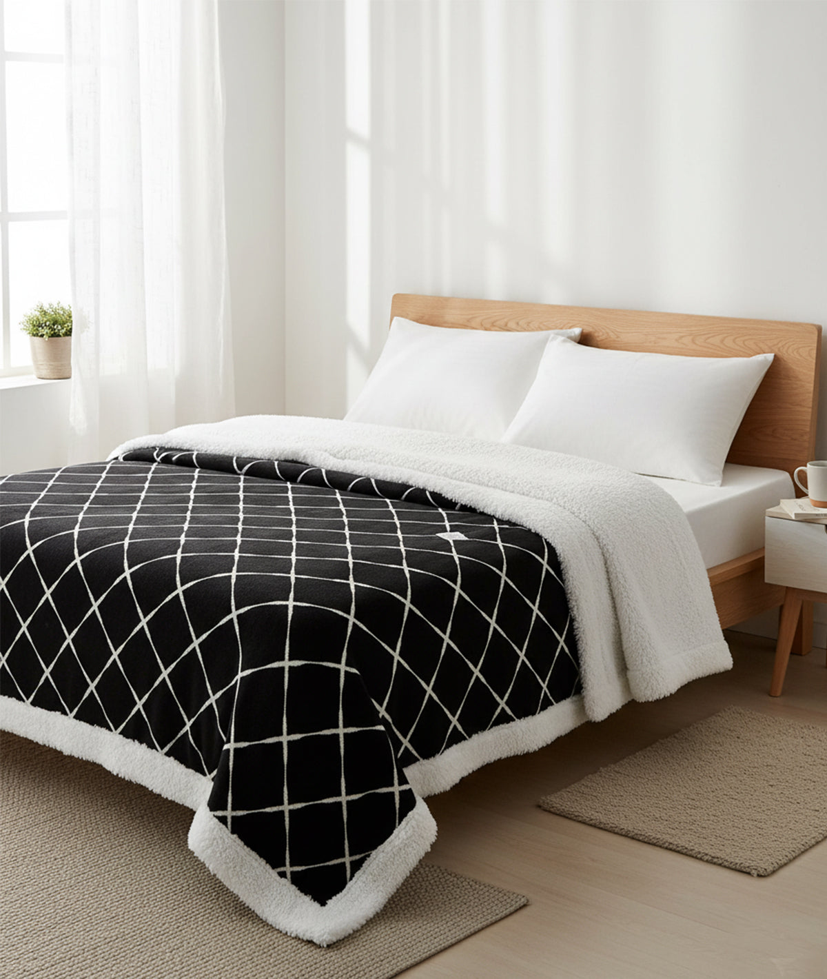 Geo Black & Ivory Cotton Knitted Double Bed Blanket layered with Warm Sherpa Fabric