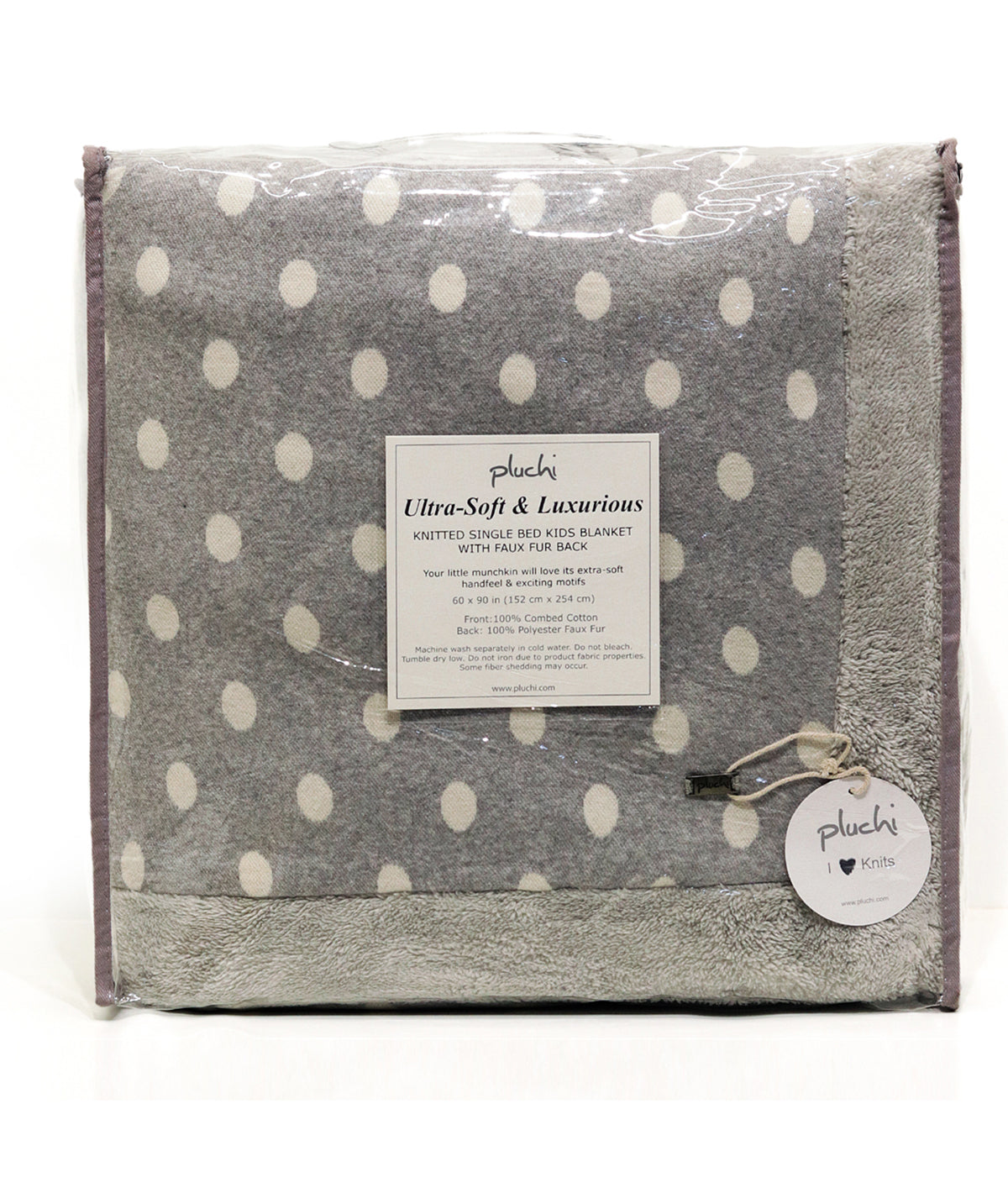 Fun With Dots Light Grey Cotton Knitted Blanket With Faux Fur Back For Kids (60" x 90")