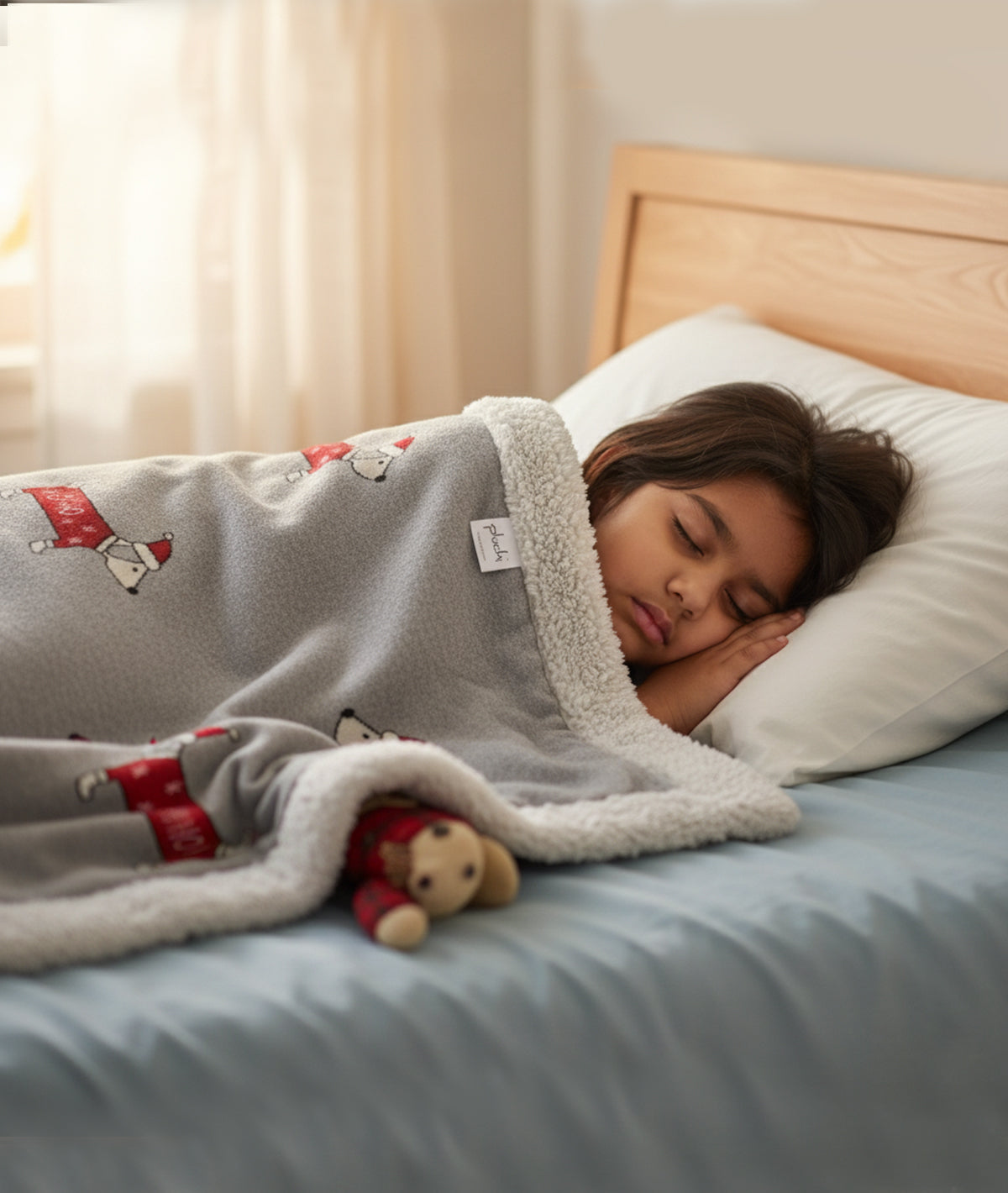 Santa Dog - Light Grey Cotton Knitted Kids Single Bed Blanket with Warm Sherpa Fabric