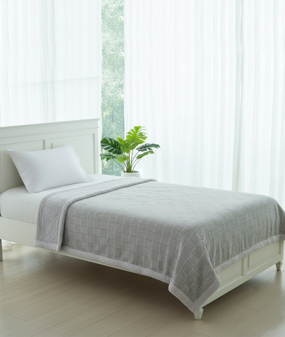 Maze Grey Natural Cotton Knitted Single Bed Blanket layered with Warm Sherpa Fabric