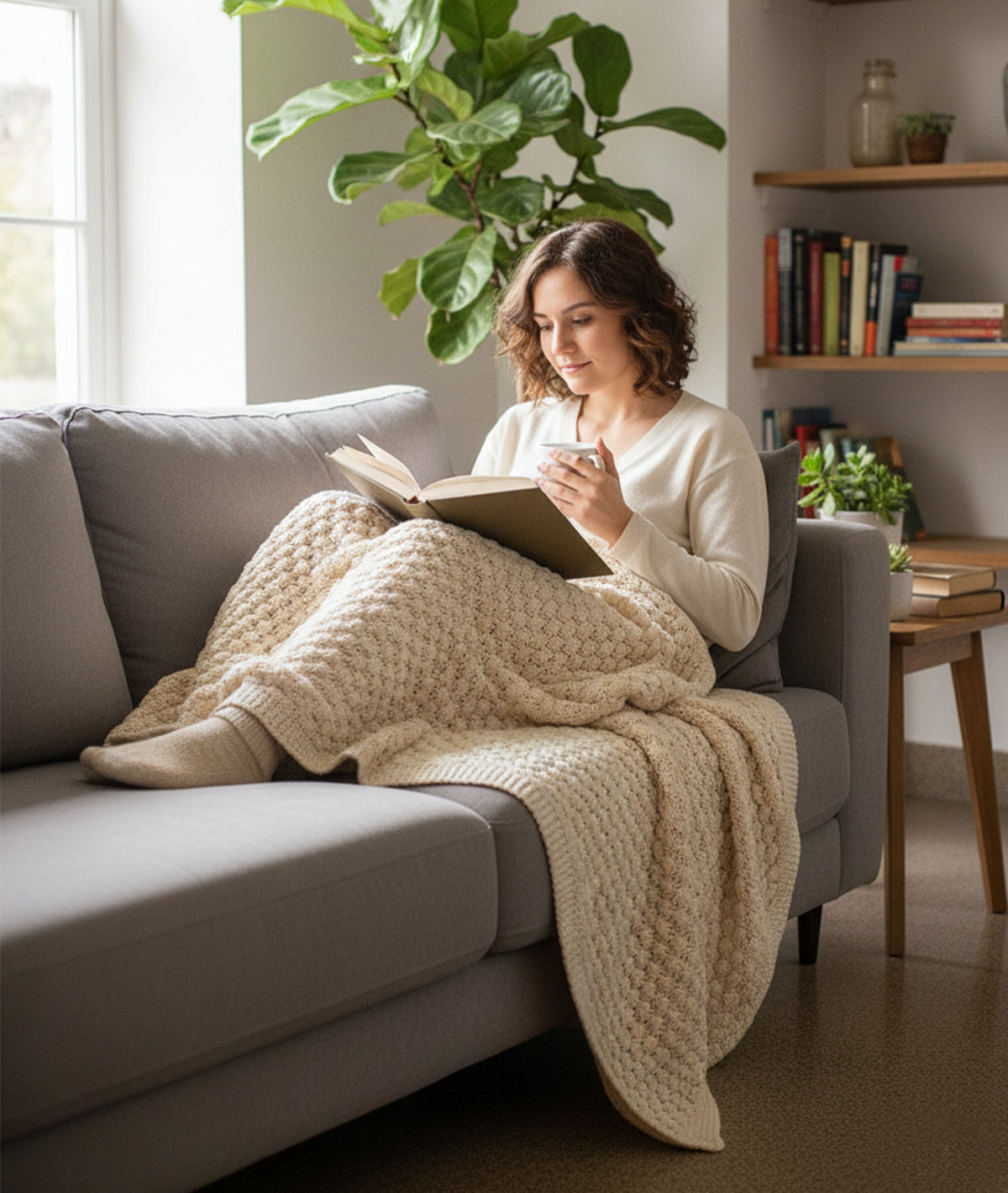 Chunky Popcorn - Natural Color 100% Cotton Knitted All Season AC Throw Blanket