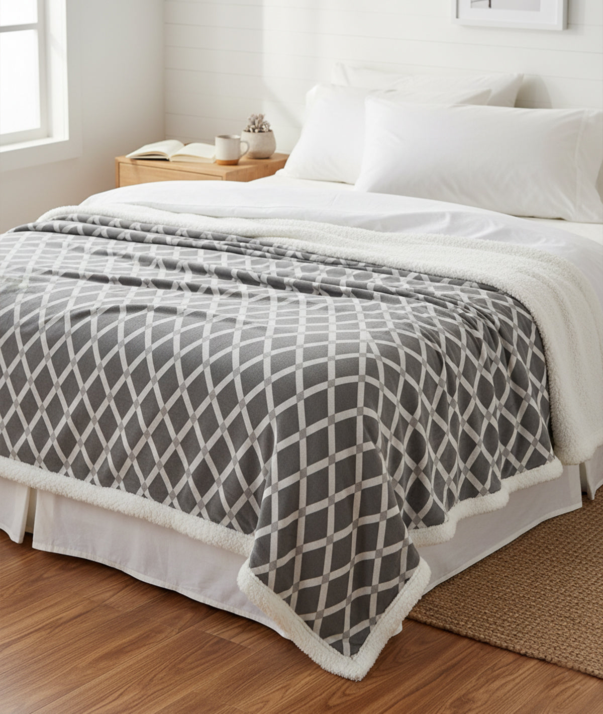 Rohmbus Medium Grey & Natural Cotton Knitted Double Bed Blanket layered with Warm Sherpa