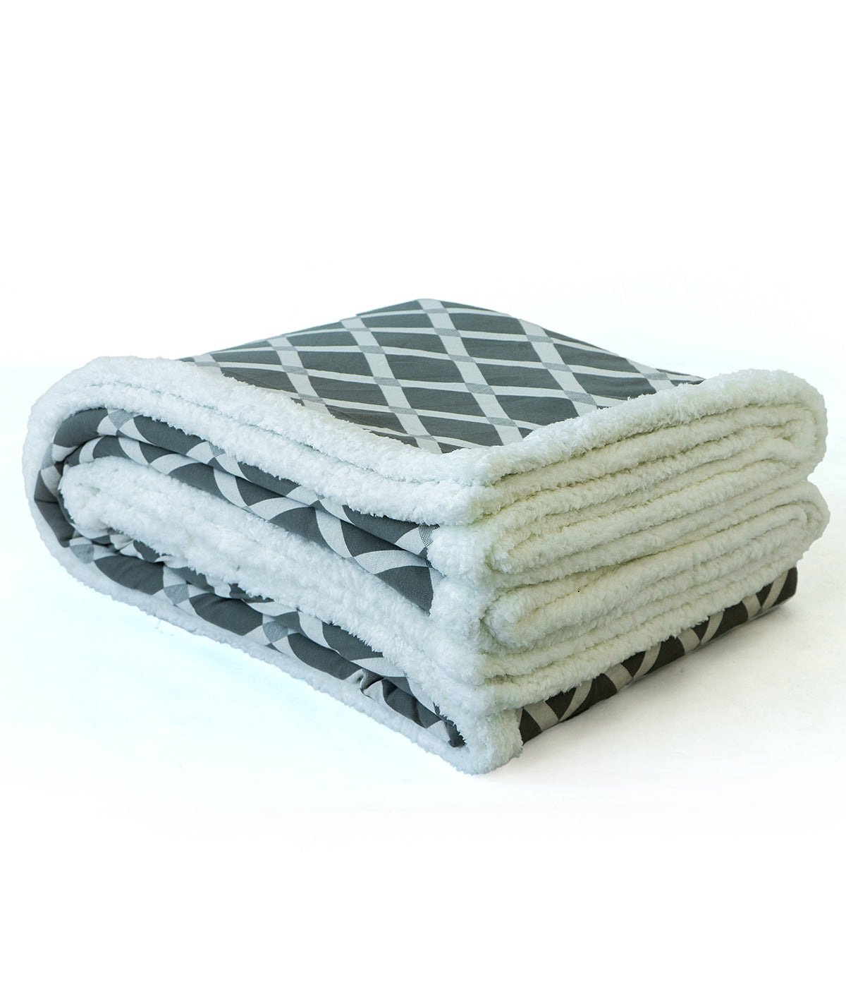 Rohmbus Medium Grey & Natural Cotton Knitted Double Bed Blanket layered with Warm Sherpa