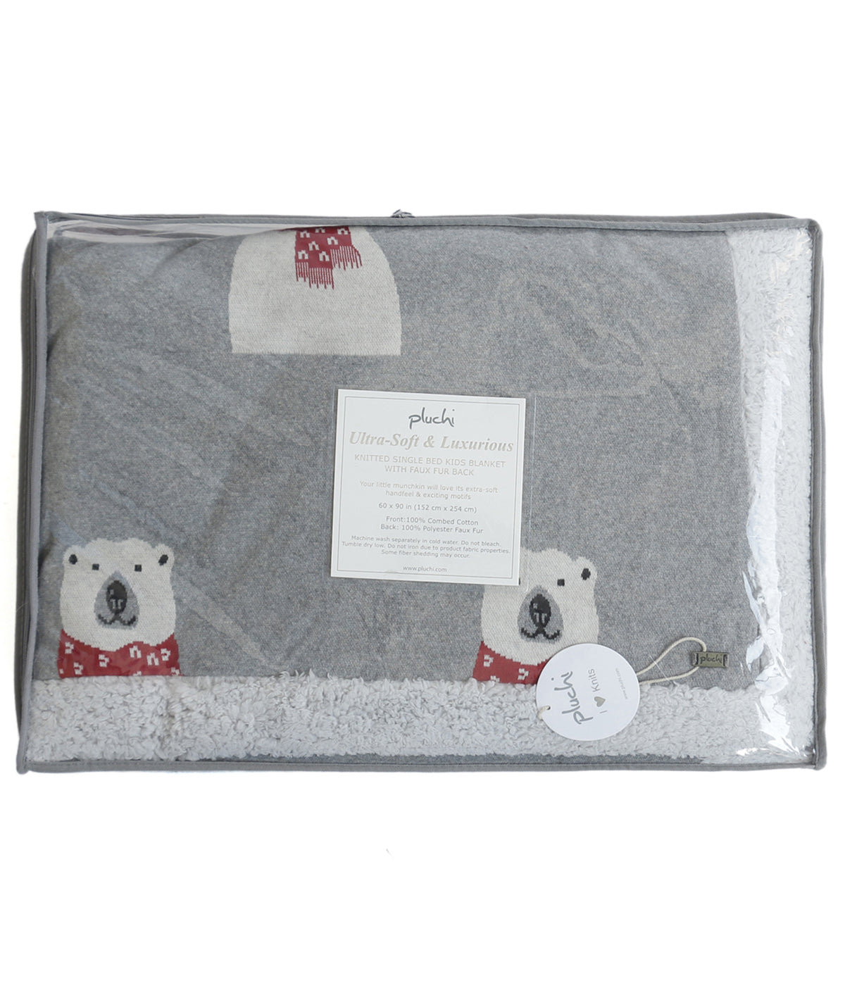 Winter Fun Grey Cotton Knitted Kids Single Bed Blanket with Warm Sherpa Fabric