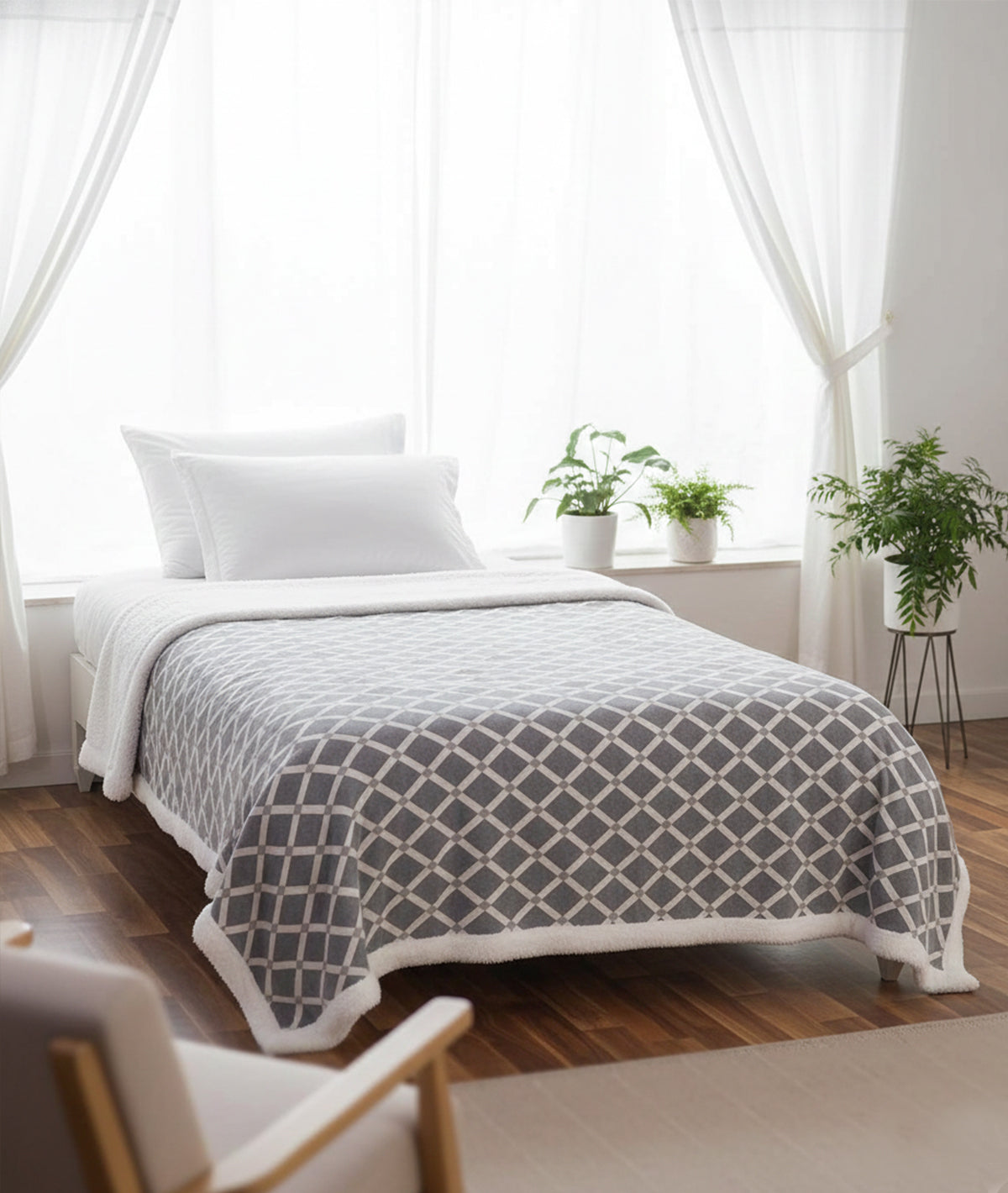 Rohmbus Medium Grey & Natural Cotton Knitted Single Bed Blanket layered with Warm Sherpa Fabric