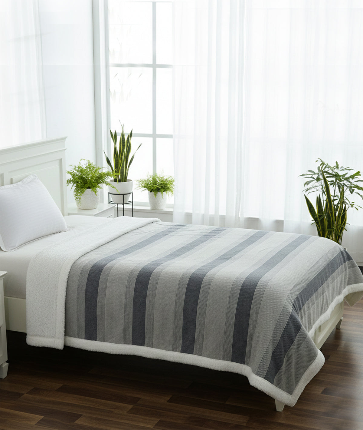 Regular Stripe Grey Natural Cotton Knitted Single Bed Blanket layered with Warm Sherpa Fabric
