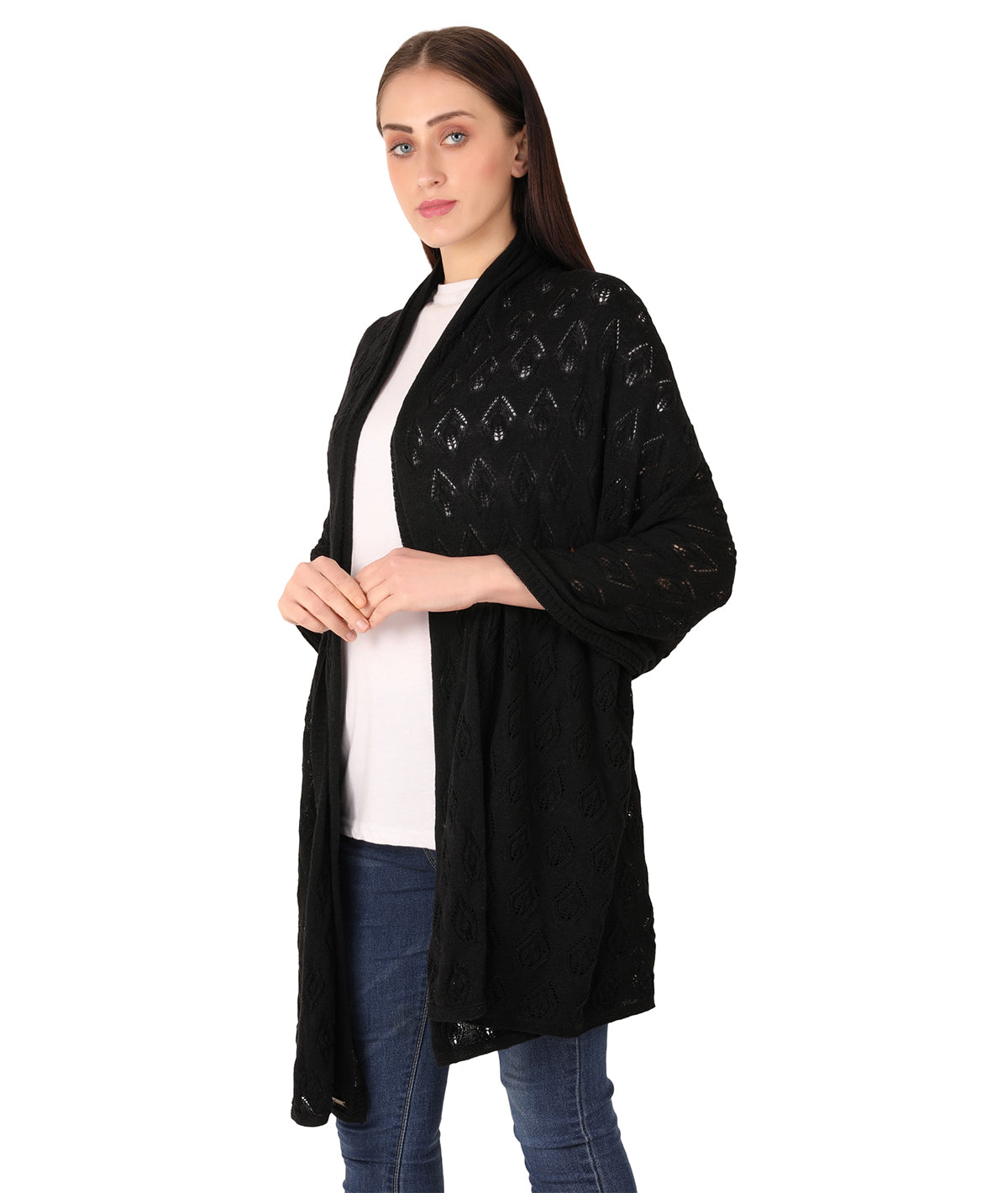 Avery Black Color Lambswool & Nylon Knitted Shawl Wrap