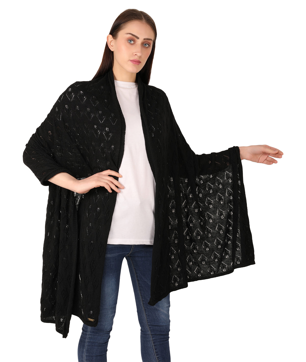 Avery Black Color Lambswool & Nylon Knitted Shawl Wrap