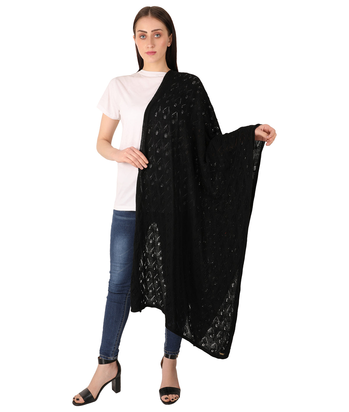 Avery Black Color Lambswool & Nylon Knitted Shawl Wrap