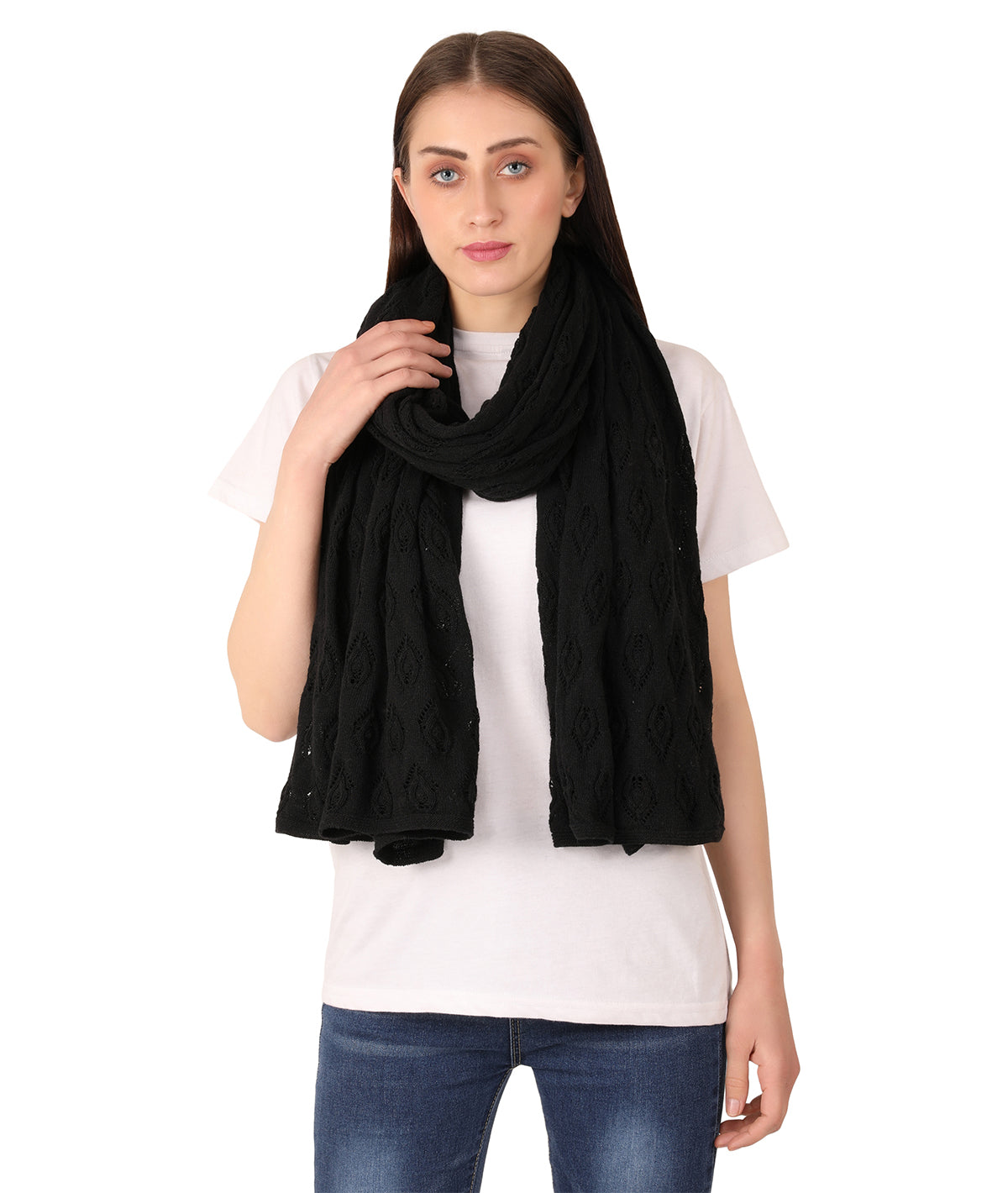 Avery Black Color Lambswool & Nylon Knitted Shawl Wrap