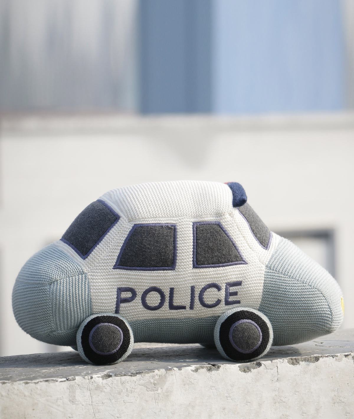 Cute Police Car Cotton Knitted Stuffed Soft Toy with Blanket Combo Set (2 pcs)
