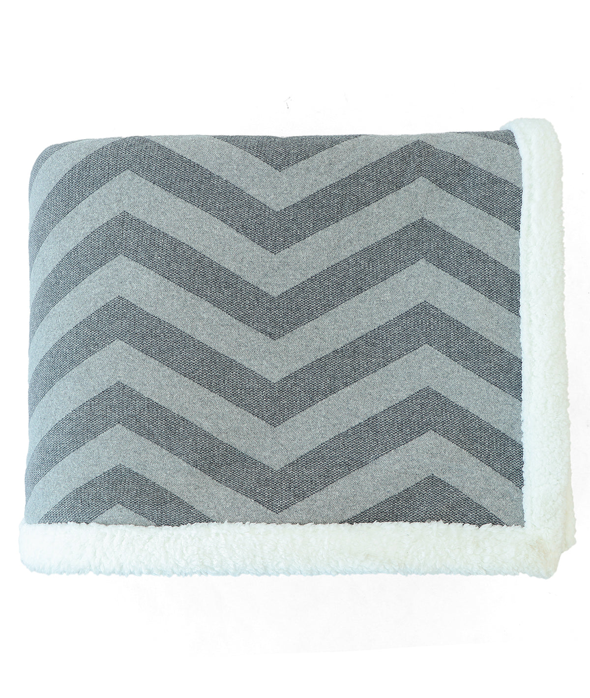 Chevron Double Bed Warm Blanket With Cotton Knitted Front And Sherpa Fabric Back (Light Grey & Dark Grey Melange)