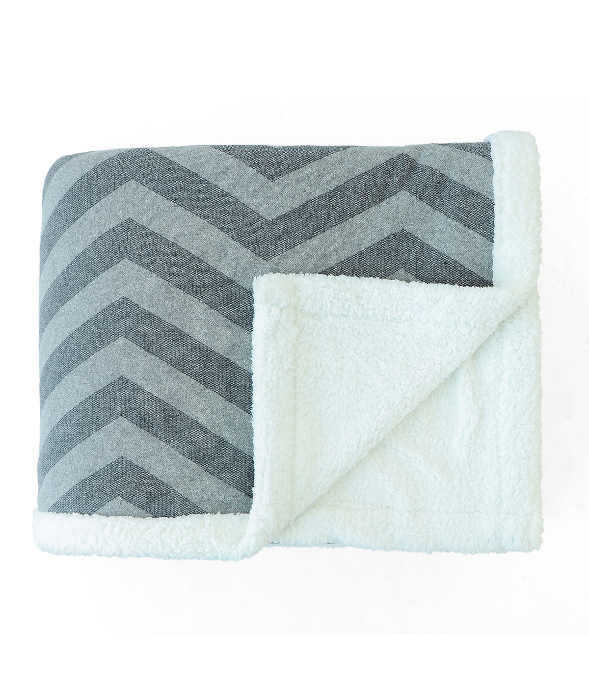 Chevron Double Bed Warm Blanket With Cotton Knitted Front And Sherpa Fabric Back (Light Grey & Dark Grey Melange)