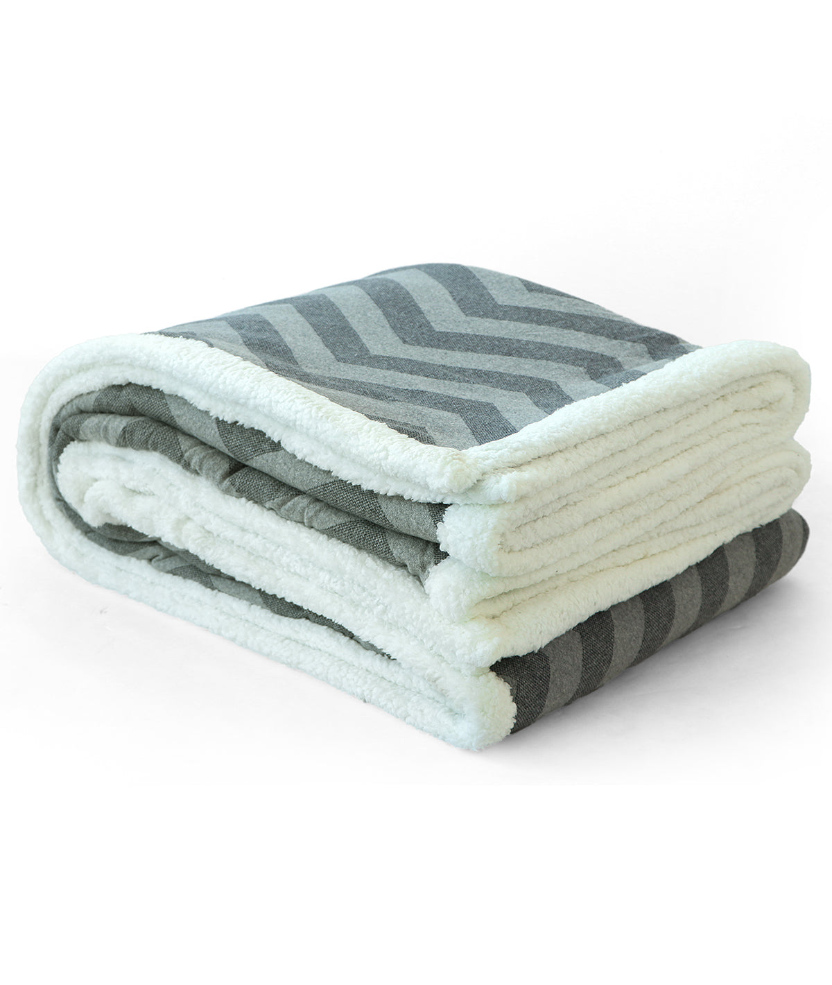 Chevron Double Bed Warm Blanket With Cotton Knitted Front And Sherpa Fabric Back (Light Grey & Dark Grey Melange)