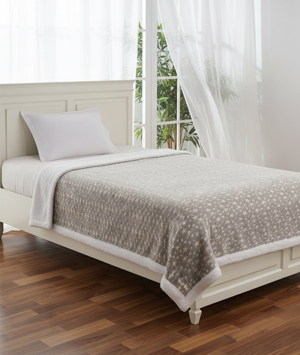Star's - White & Lt. Grey Mel. Cotton Knitted Single Bed Blanket layered with Warm Sherpa Fabric