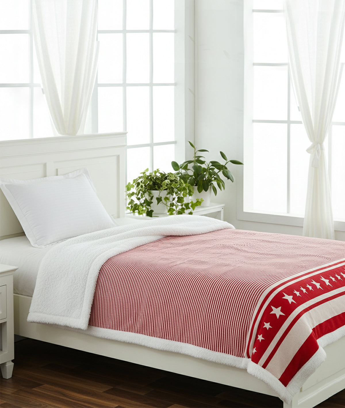 Stripe Star Red & Natural Cotton Knitted Single Bed Blanket layered with Warm Sherpa Fabric