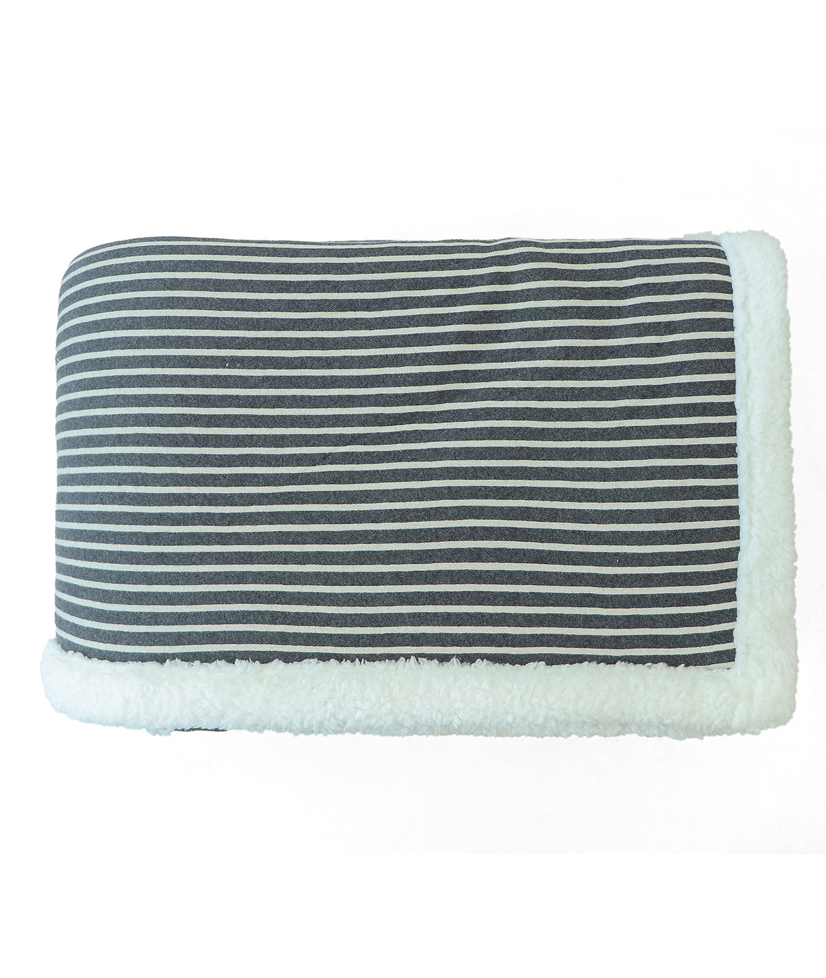 Stripe Ivory & Dark Grey Cotton Knitted Double Bed Blanket layered with Warm Sherpa