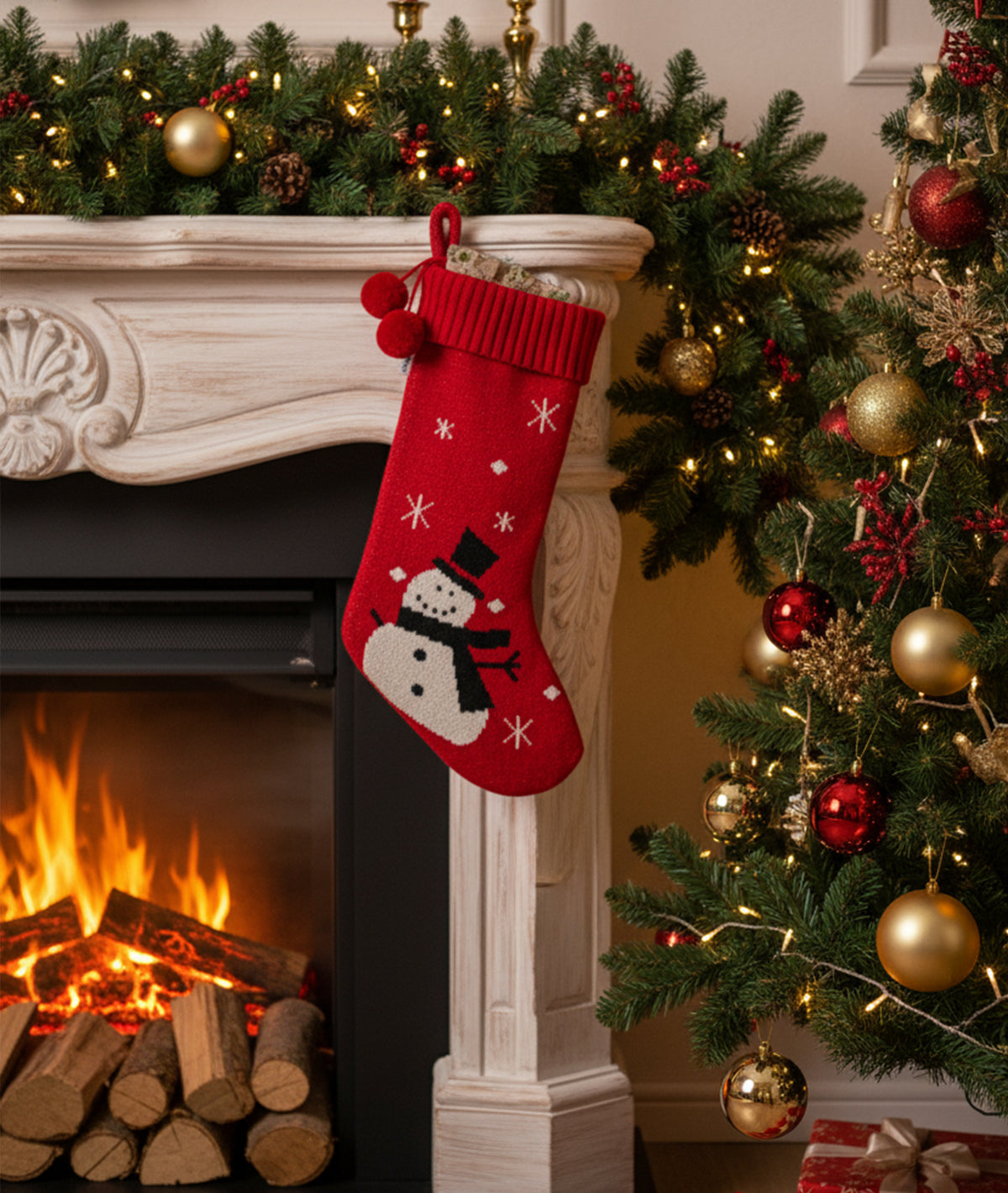 Snowman - Red & Black Cotton Knitted Christmas Decorative Stocking