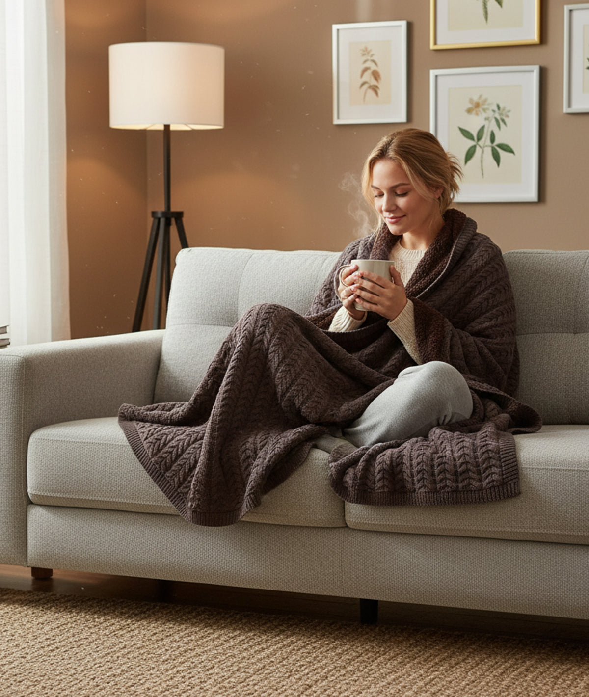 Mini Cable Knit - Brown Cotton Knitted Throw Blanket with Warm Sherpa Fabric Back