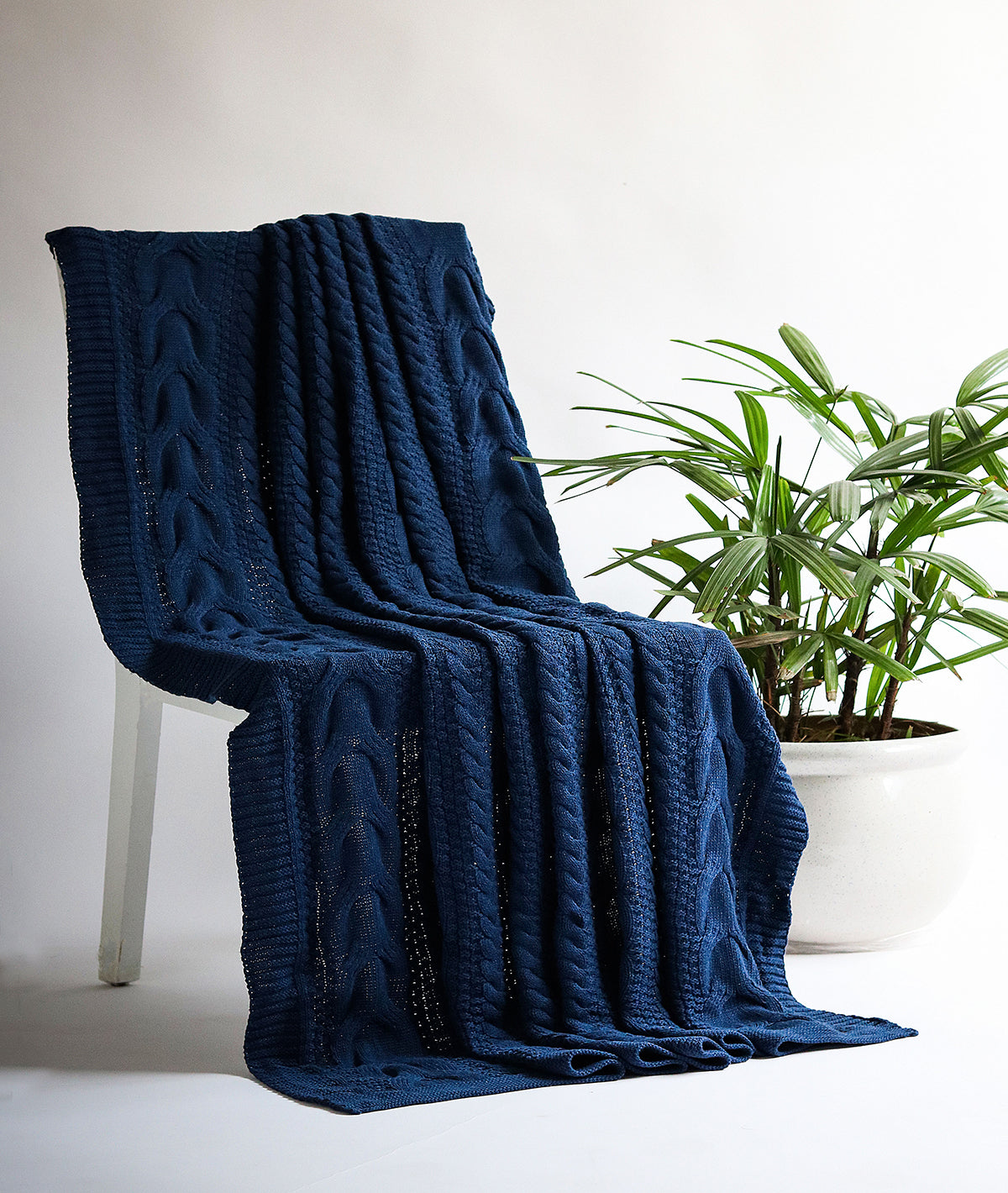 Classical Throw Navy Melange 100% Cotton Knitted All Season AC Throw Blanket