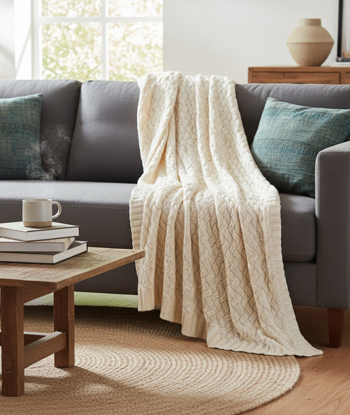 CRISS CROSS - Natural Color 100% Cotton Knitted All Season AC Throw Blanket