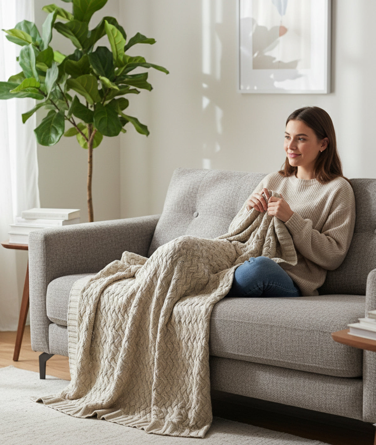 CRISS CROSS  - Light Beige 100% Cotton Knitted All Season AC Throw Blanket