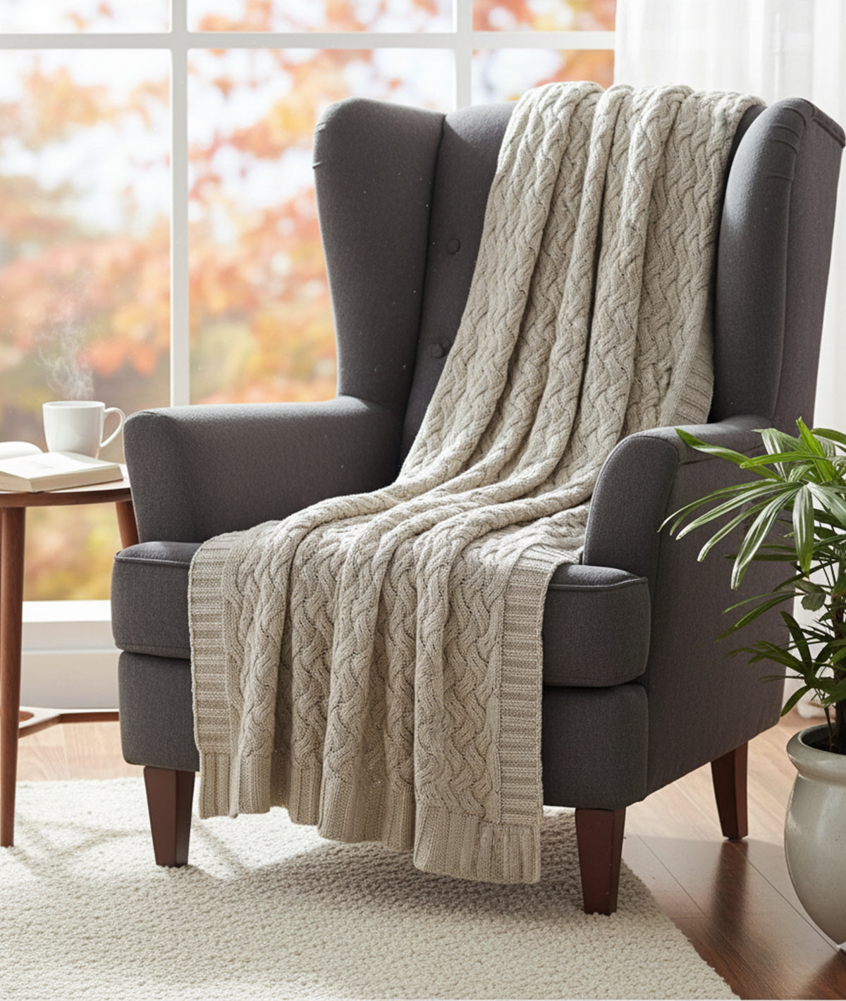 CRISS CROSS  - Light Beige 100% Cotton Knitted All Season AC Throw Blanket