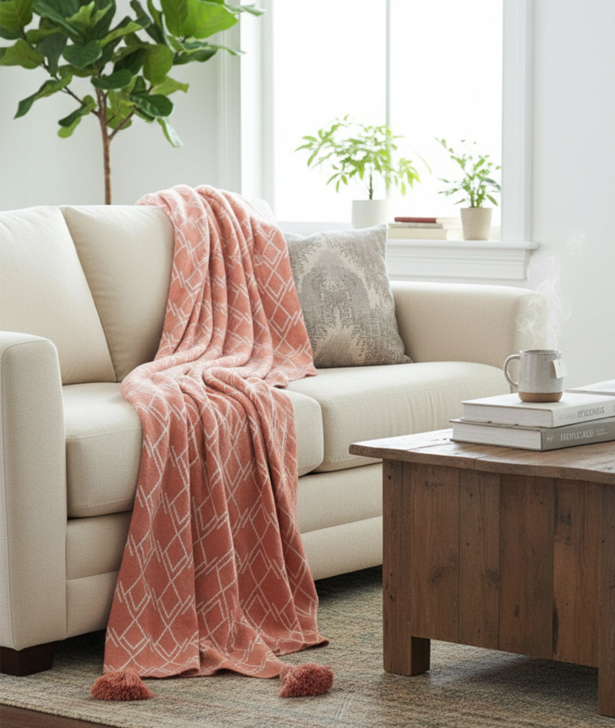 Gianna - Dusty Coral & Natural 100% Cotton Knitted All Season AC Throw Blanket