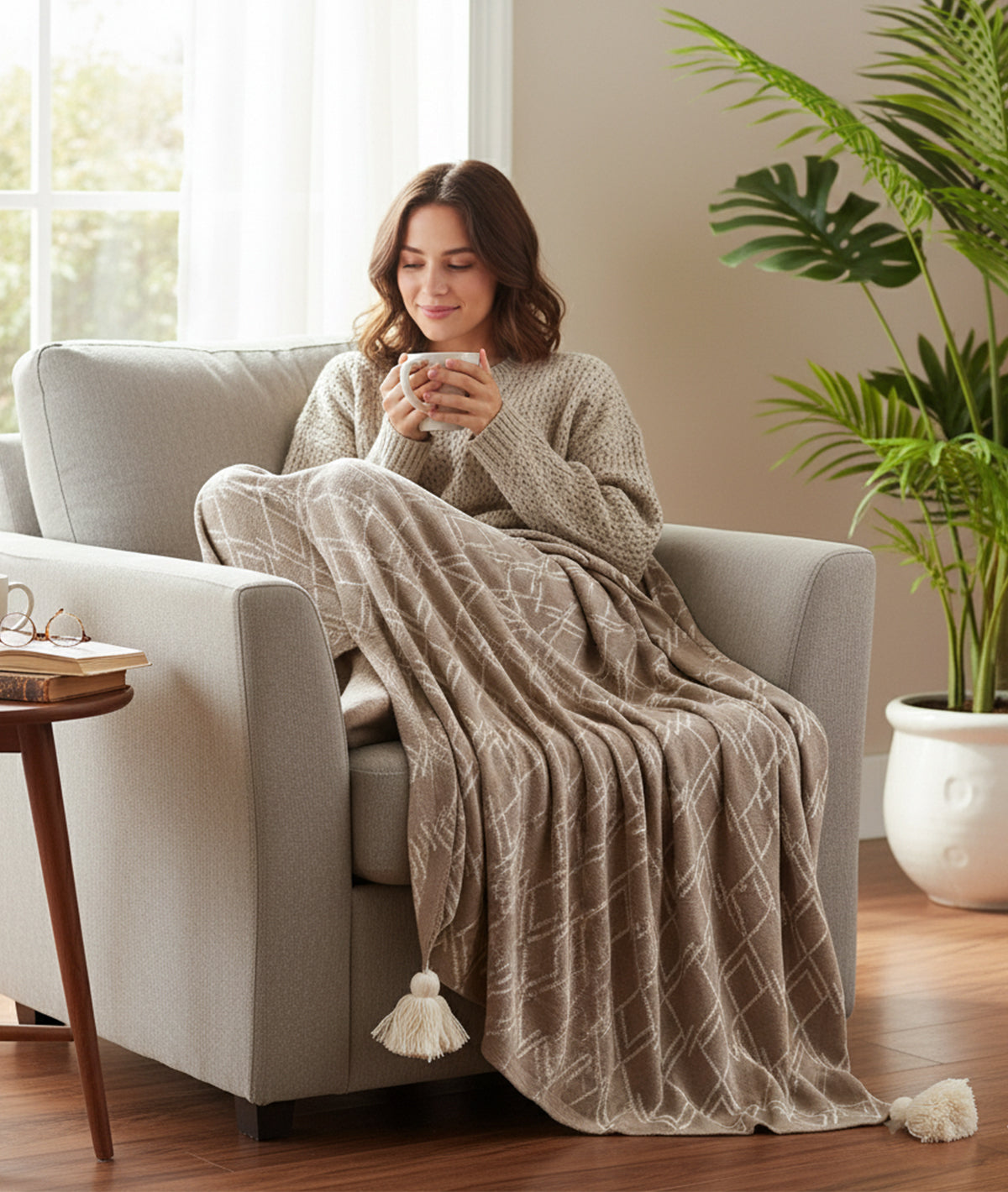 Gianna Stone and Natural Cotton Knitted Throw /Blanket / Dohar For Round The Year Use