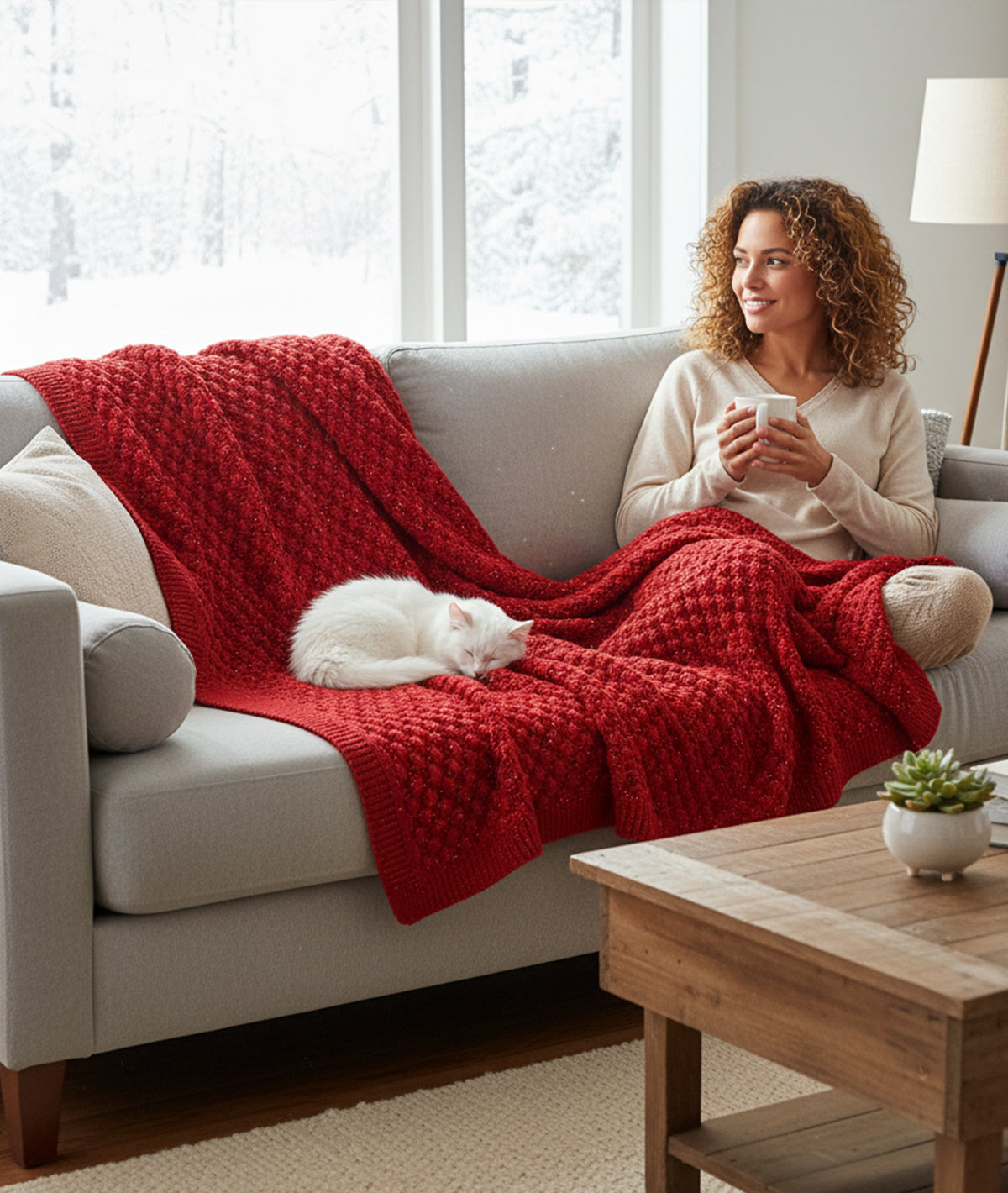 Popcorn - Red with Gold Metallic Yarn 100% Cotton Knitted All Season AC Throw Blanket