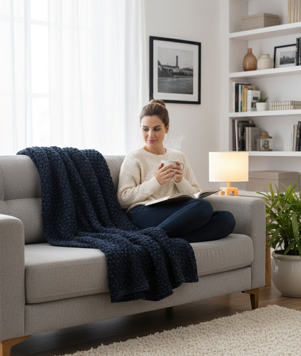 Popcorn - Navy with Silver Metallic Yarn 100% Cotton Knitted All Season AC Throw Blanket