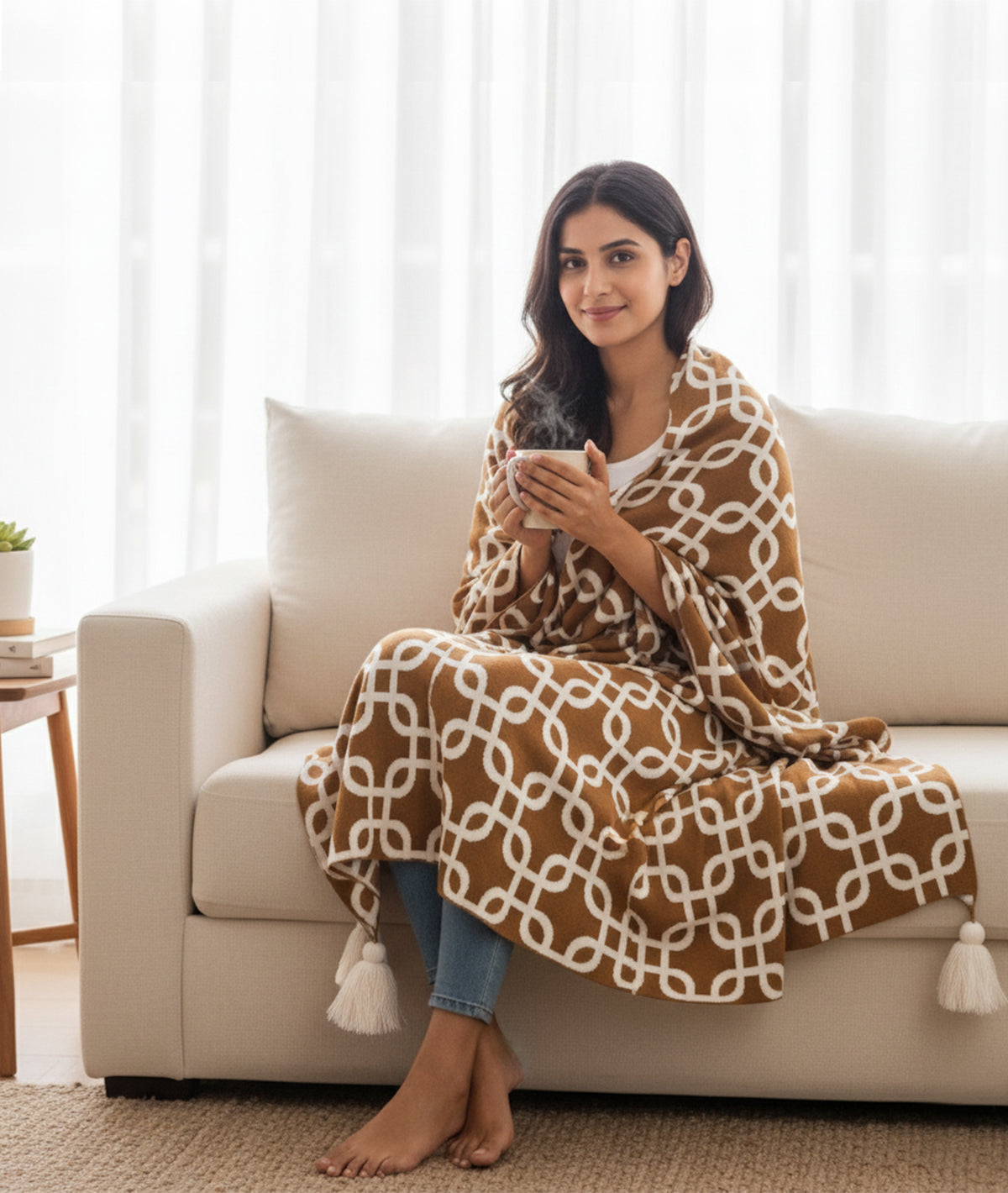 Stroke - Bronze & Natural 100% Cotton Knitted All Season AC Throw Blanket