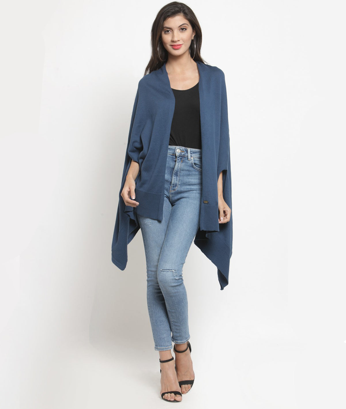 Palma Knitted Cotton Fashion Poncho / Top / Cape in Egyptian Blue Color for Everyday Chic Look (One Size Fits All)