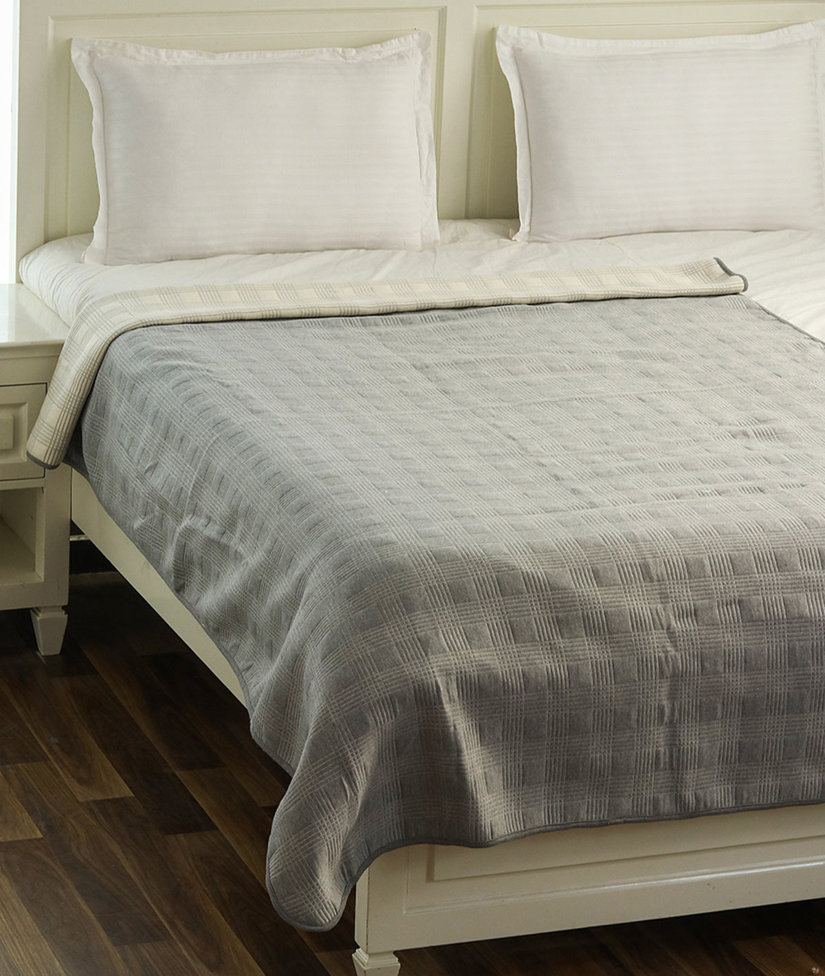 Tartan Check Cotton Knitted Single Bed Dohar / Quilt (Light Grey Melange & Natural)