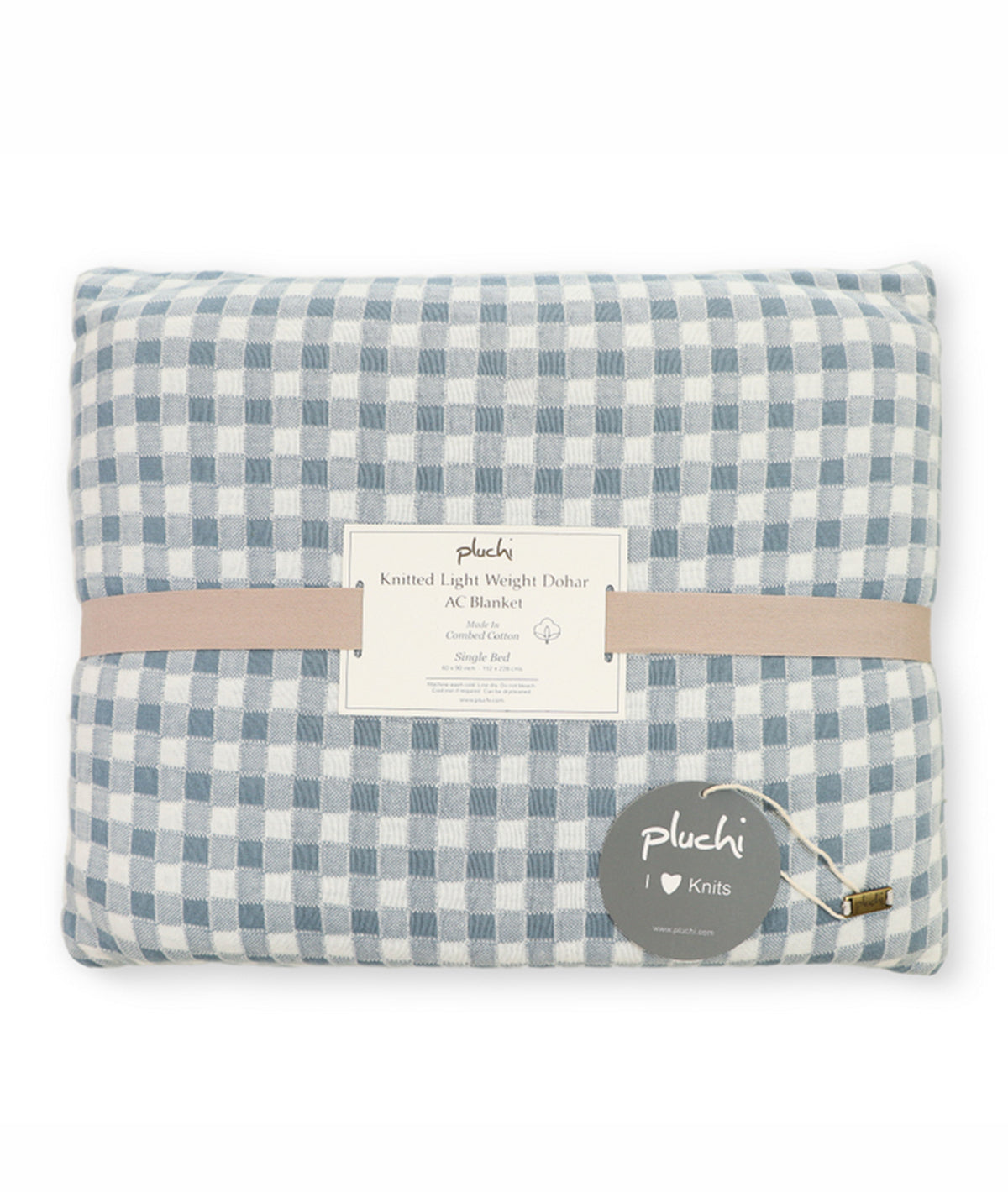 Square Cheque Cadet Blue & Ivory Cotton Knitted Single Bed AC Quilted Blanket