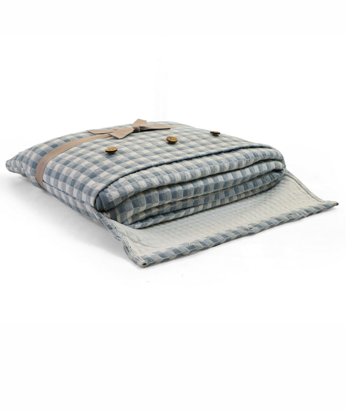Square Cheque Cadet Blue & Ivory Cotton Knitted Single Bed AC Quilted Blanket