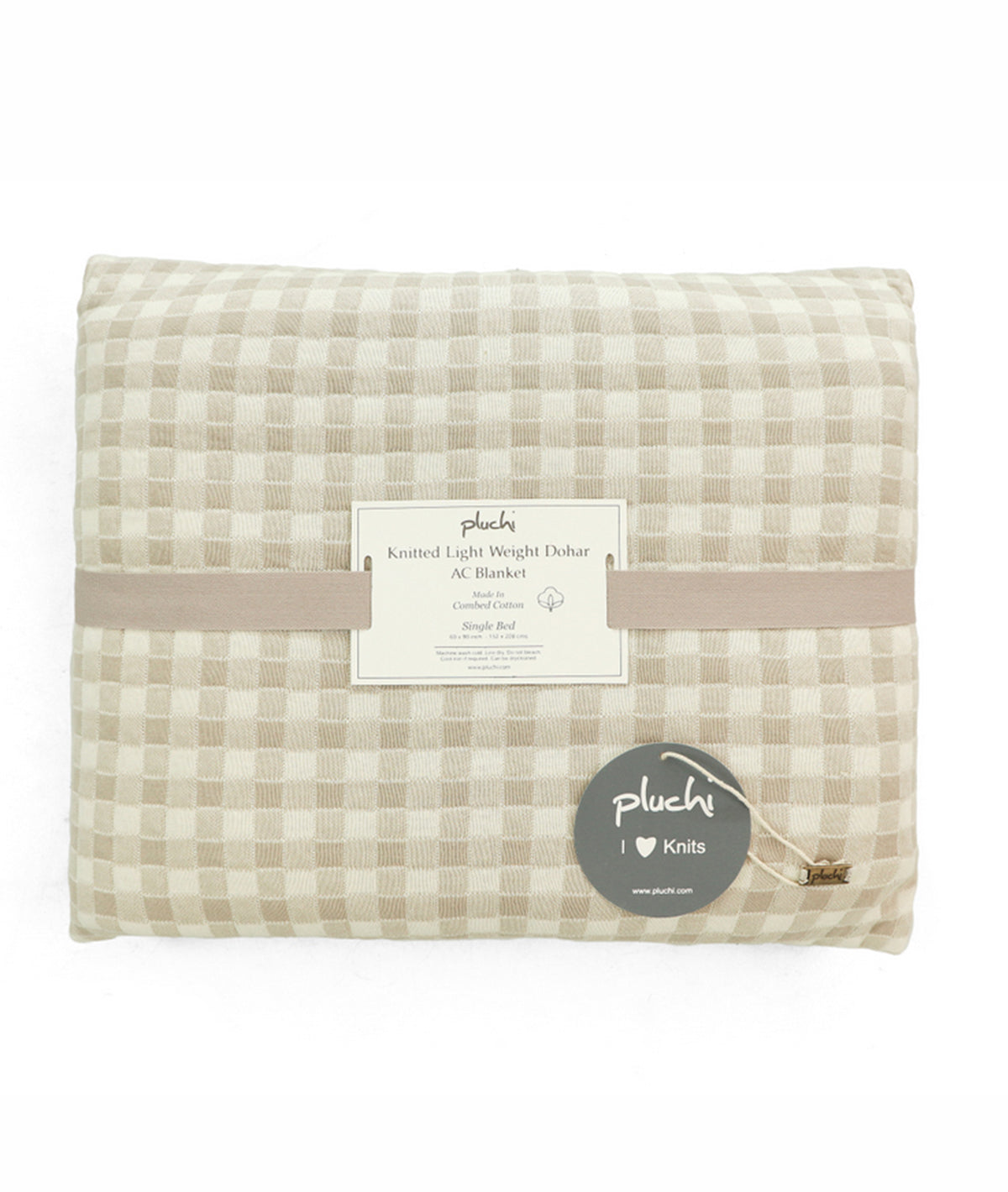 Square Cheque Pale Whisper & Natural Cotton Knitted Single Bed AC Quilted Blanket