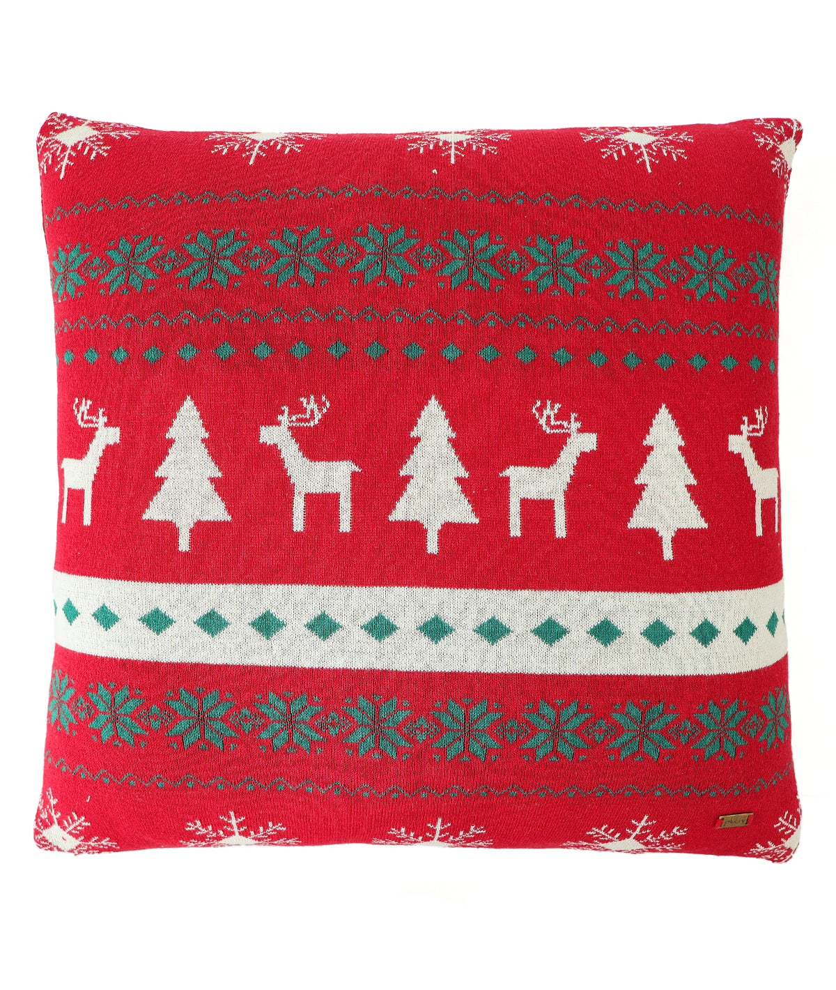 Reindeer & Snowflakes Cotton Knitted Decorative Cushion Cover (Red, Natural & Green) (20" x 20")