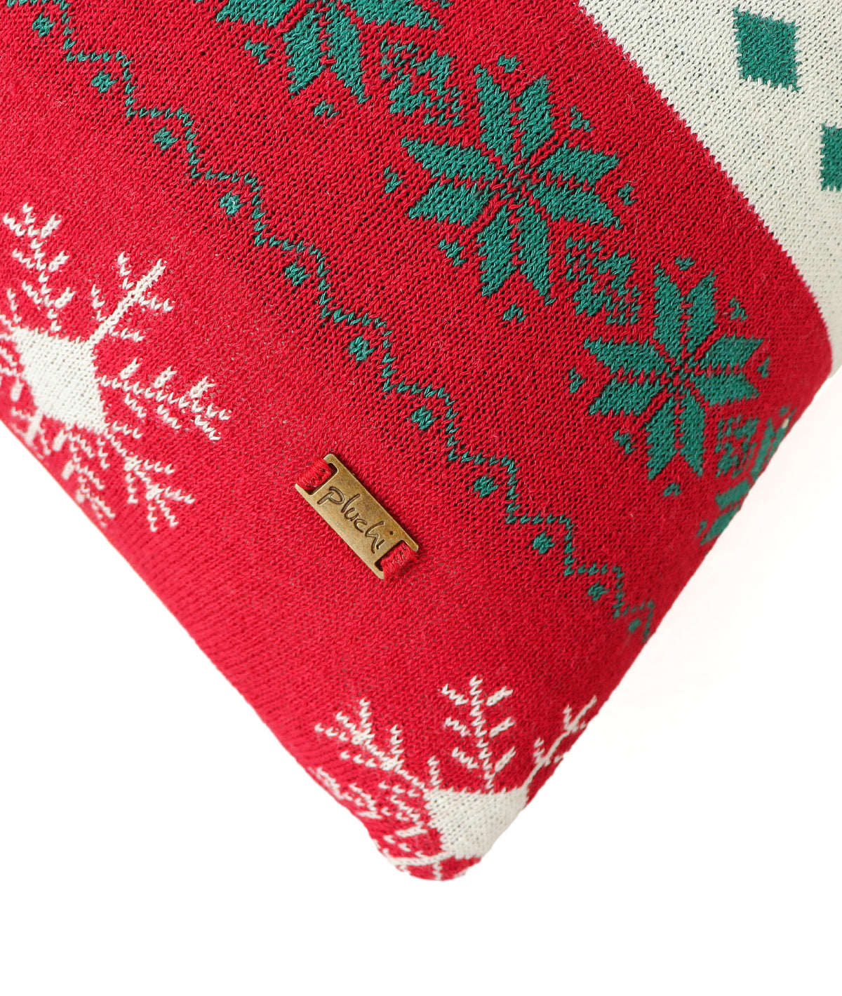 Reindeer & Snowflakes Cotton Knitted Decorative Cushion Cover (Red, Natural & Green) (20" x 20")