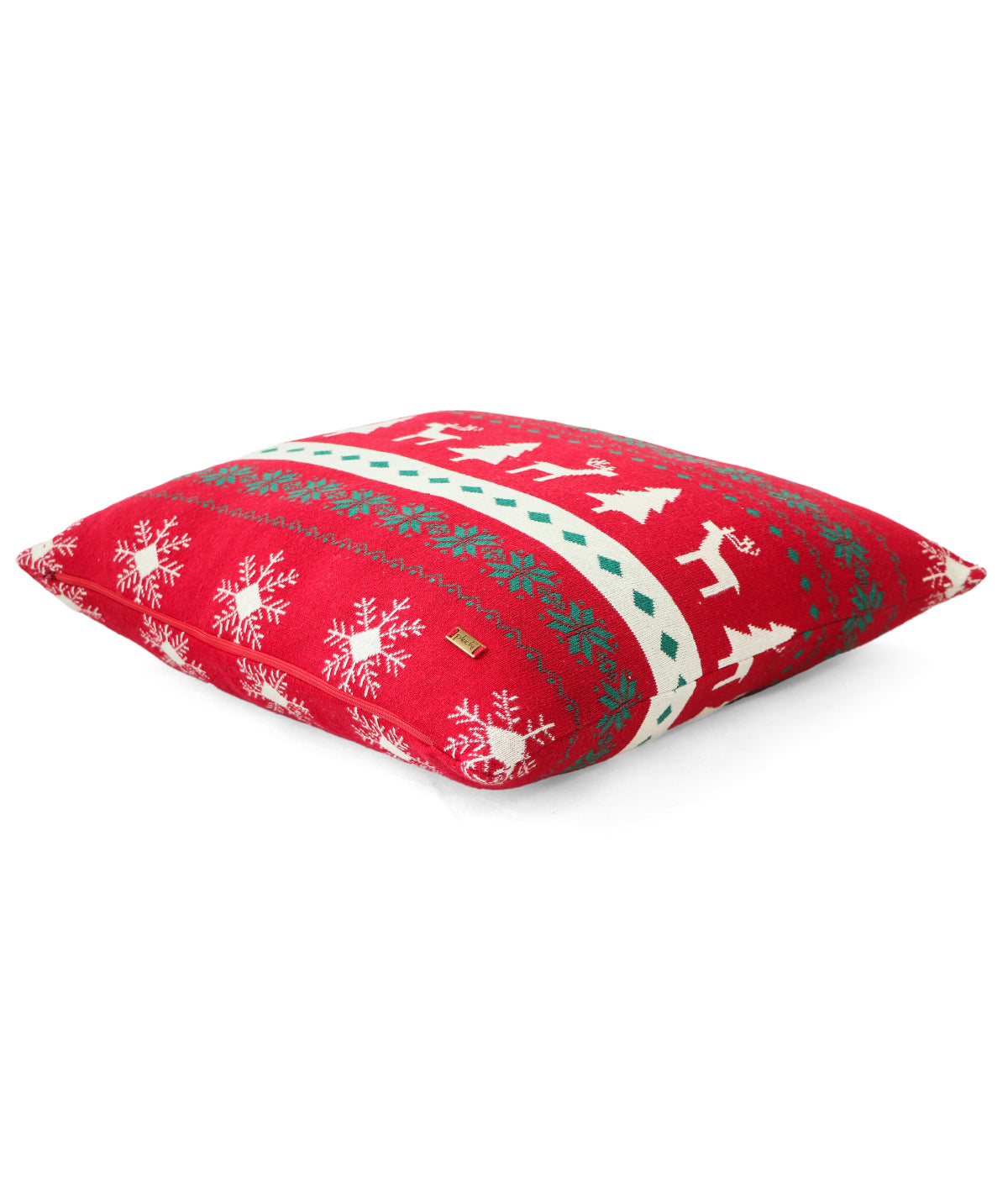 Reindeer & Snowflakes Cotton Knitted Decorative Cushion Cover (Red, Natural & Green) (20" x 20")