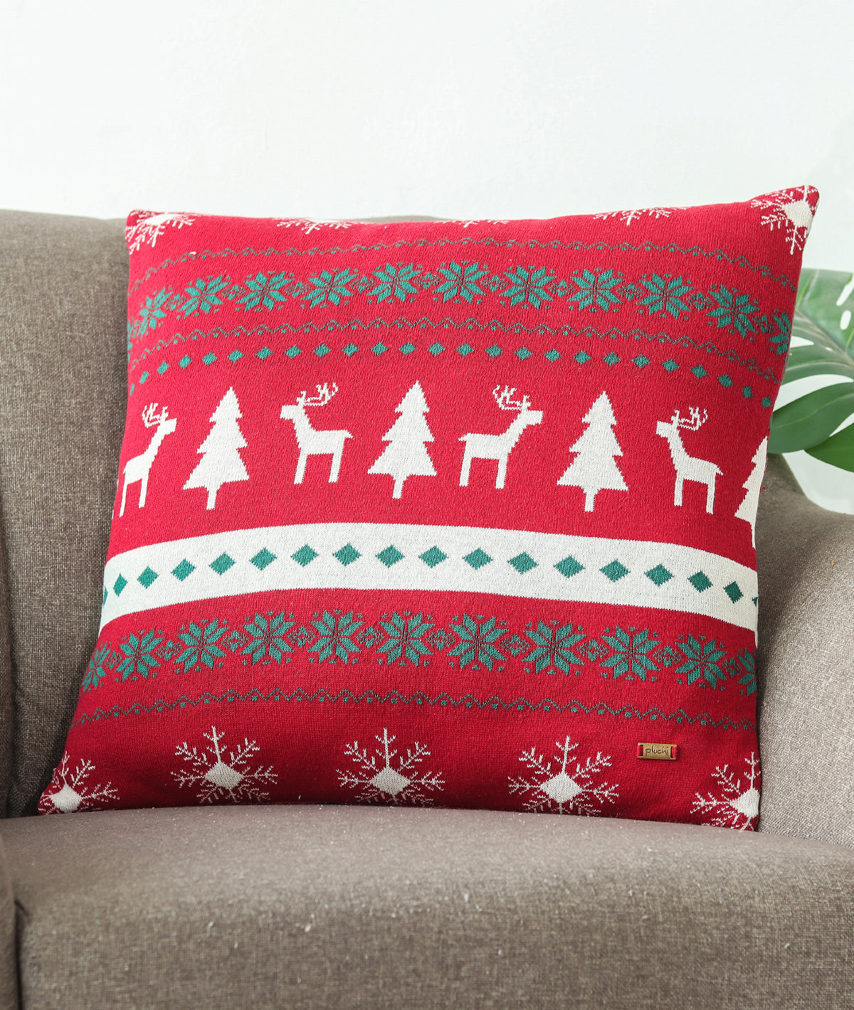 Reindeer & Snowflakes Cotton Knitted Decorative Cushion Cover (Red, Natural & Green) (20" x 20")