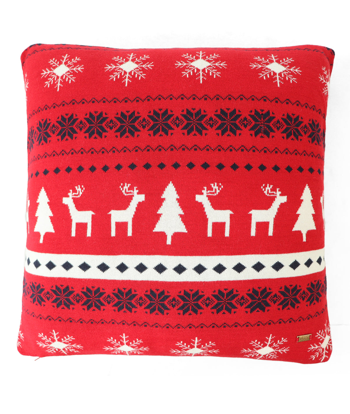 Reindeer & Snowflakes Cotton Knitted Decorative Cushion Cover (Red, Natural & Black) (20" x 20")