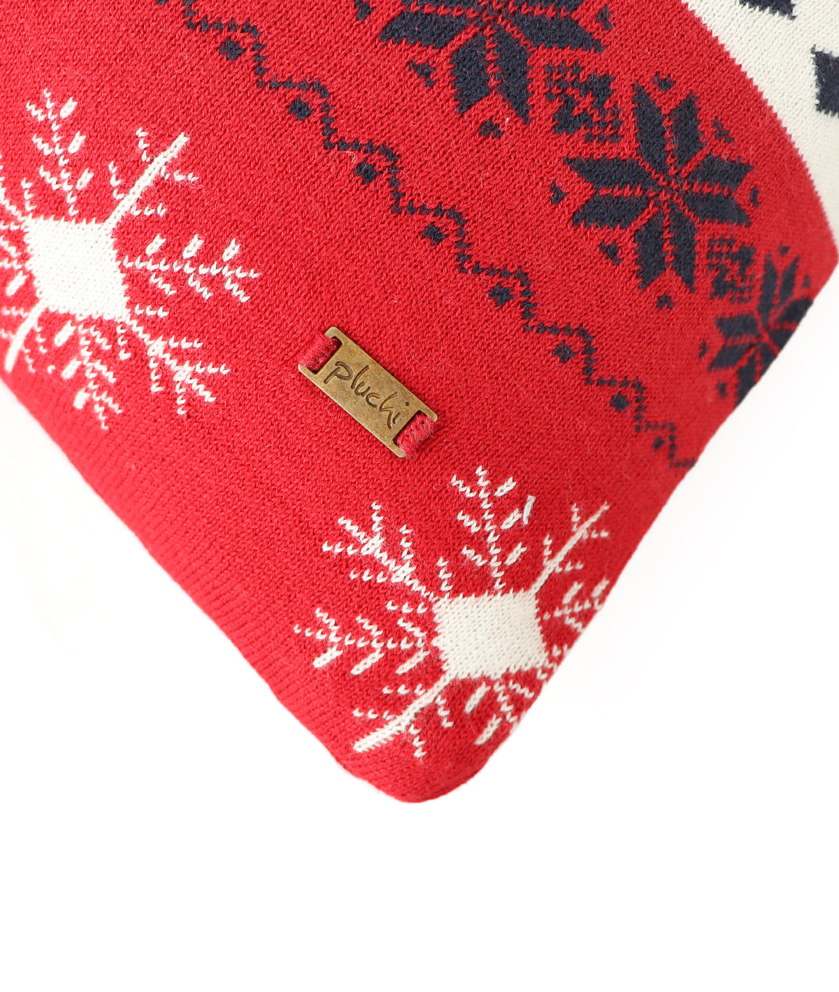 Reindeer & Snowflakes Cotton Knitted Decorative Cushion Cover (Red, Natural & Black) (20" x 20")