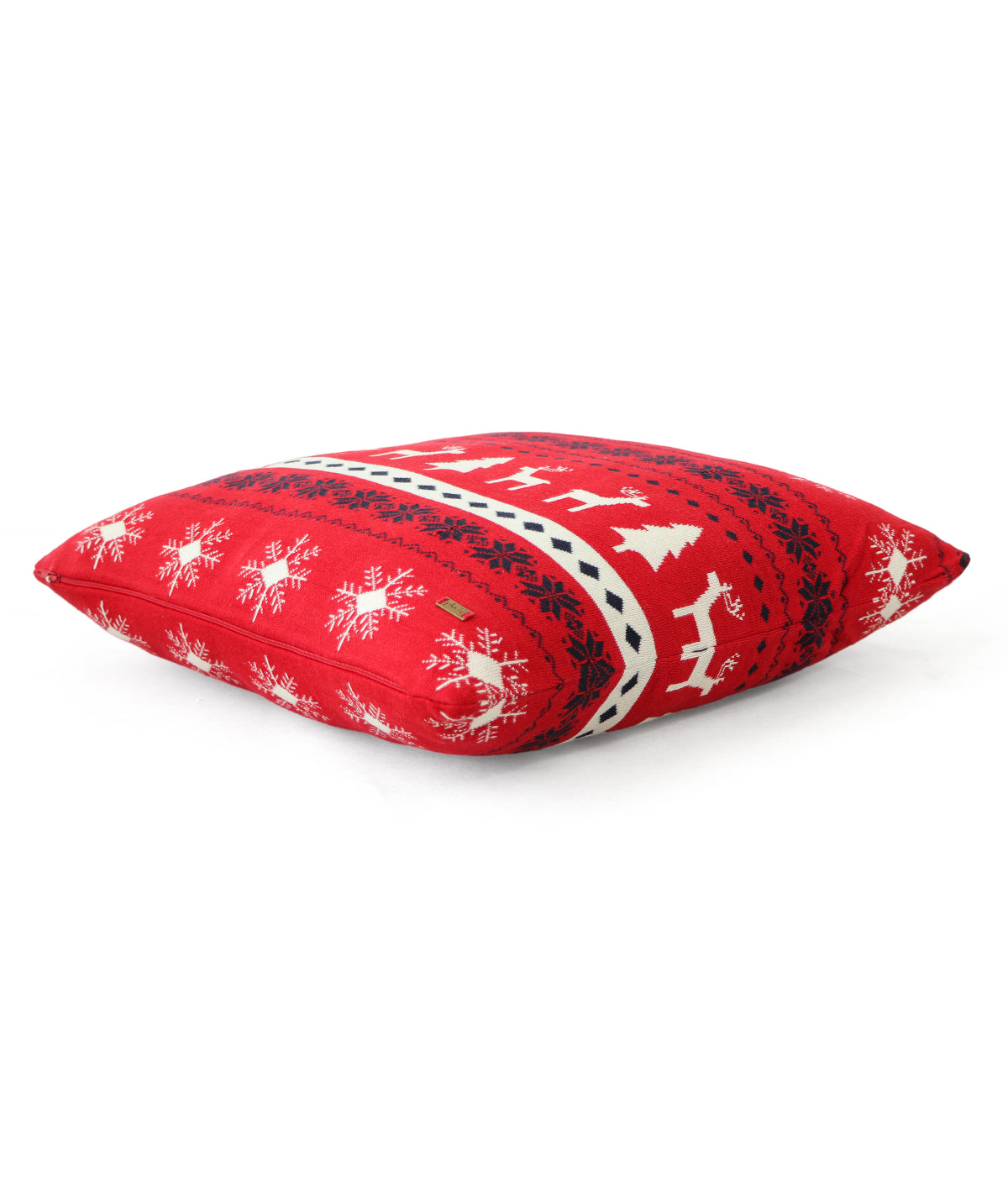 Reindeer & Snowflakes Cotton Knitted Decorative Cushion Cover (Red, Natural & Black) (20" x 20")
